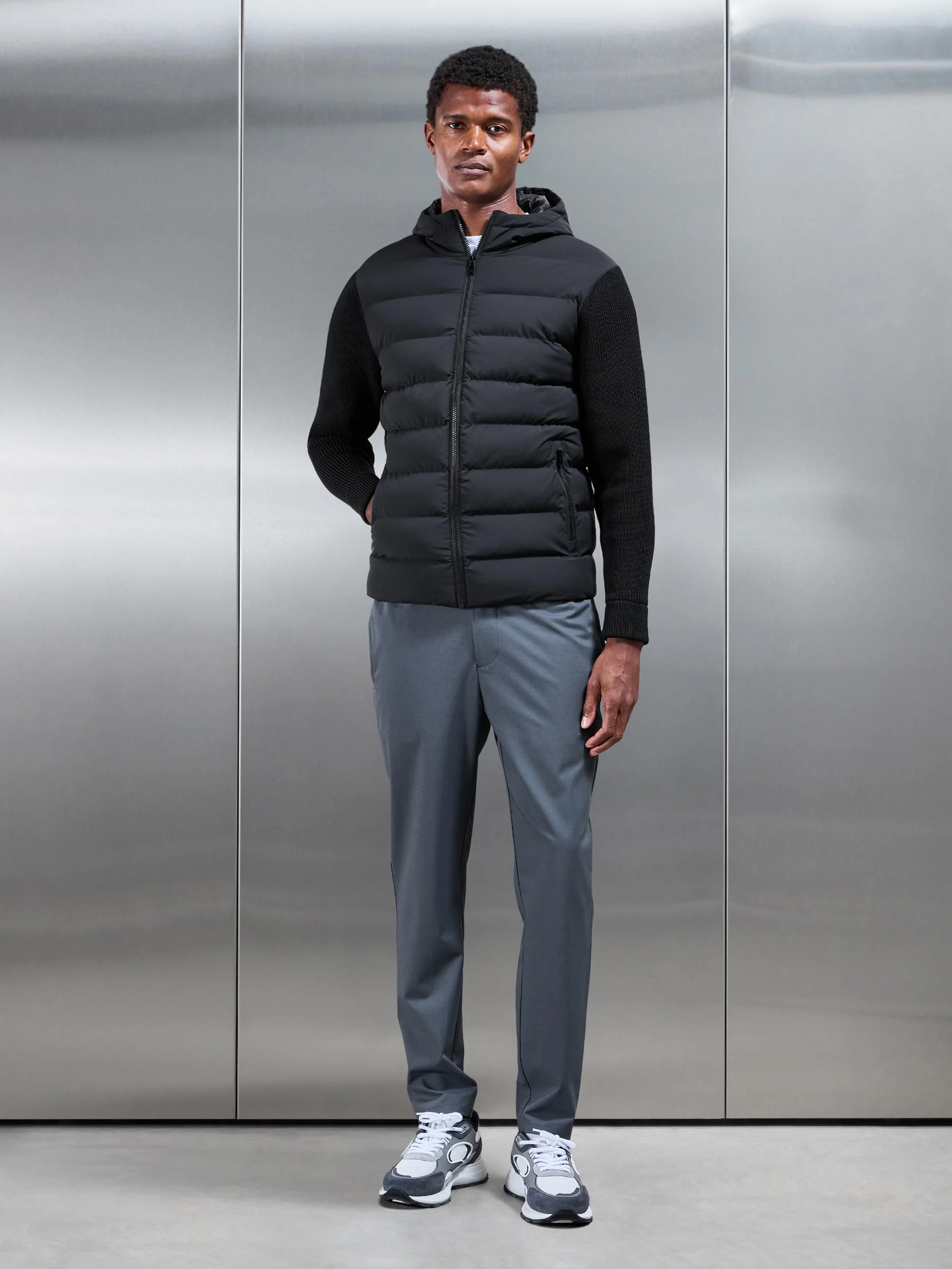 Ribbed Knit Hybrid Puffer Windbreaker in Black - Image 7