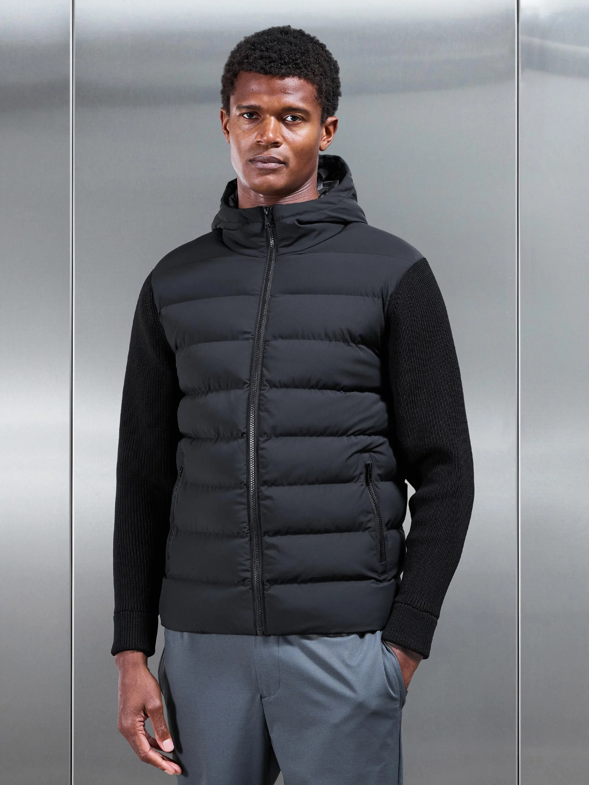 Ribbed Knit Hybrid Puffer Windbreaker in Black - Image 8