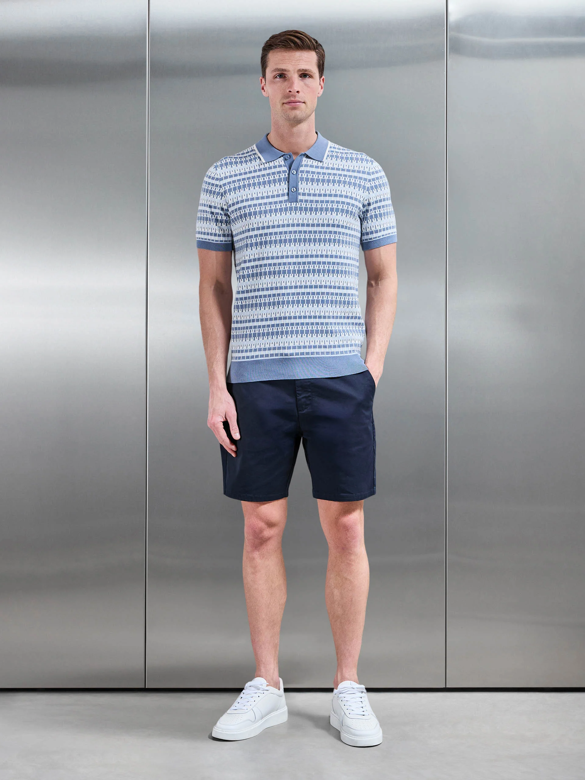 Roma Knitted Button Polo Shirt in Steel Blue - Image 2