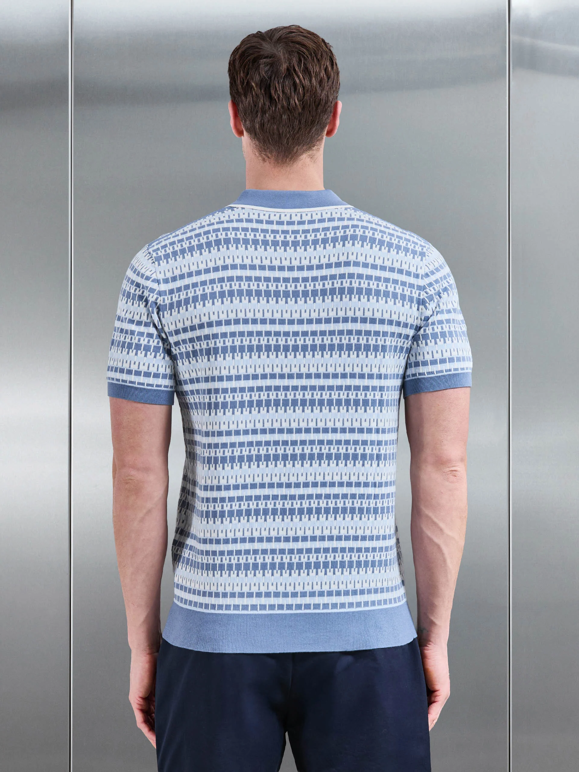 Roma Knitted Button Polo Shirt in Steel Blue - Image 3