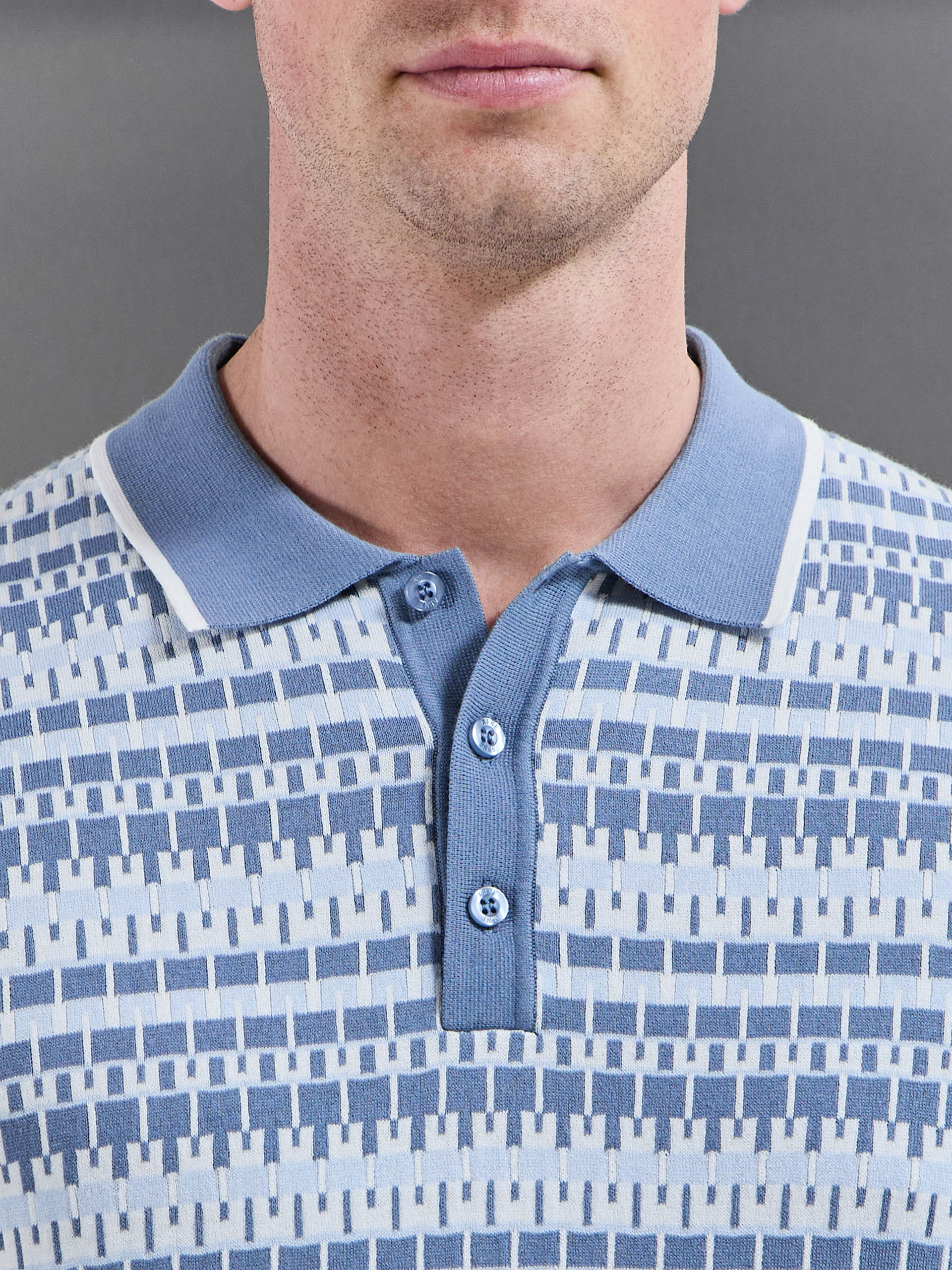 Roma Knitted Button Polo Shirt in Steel Blue - Image 4