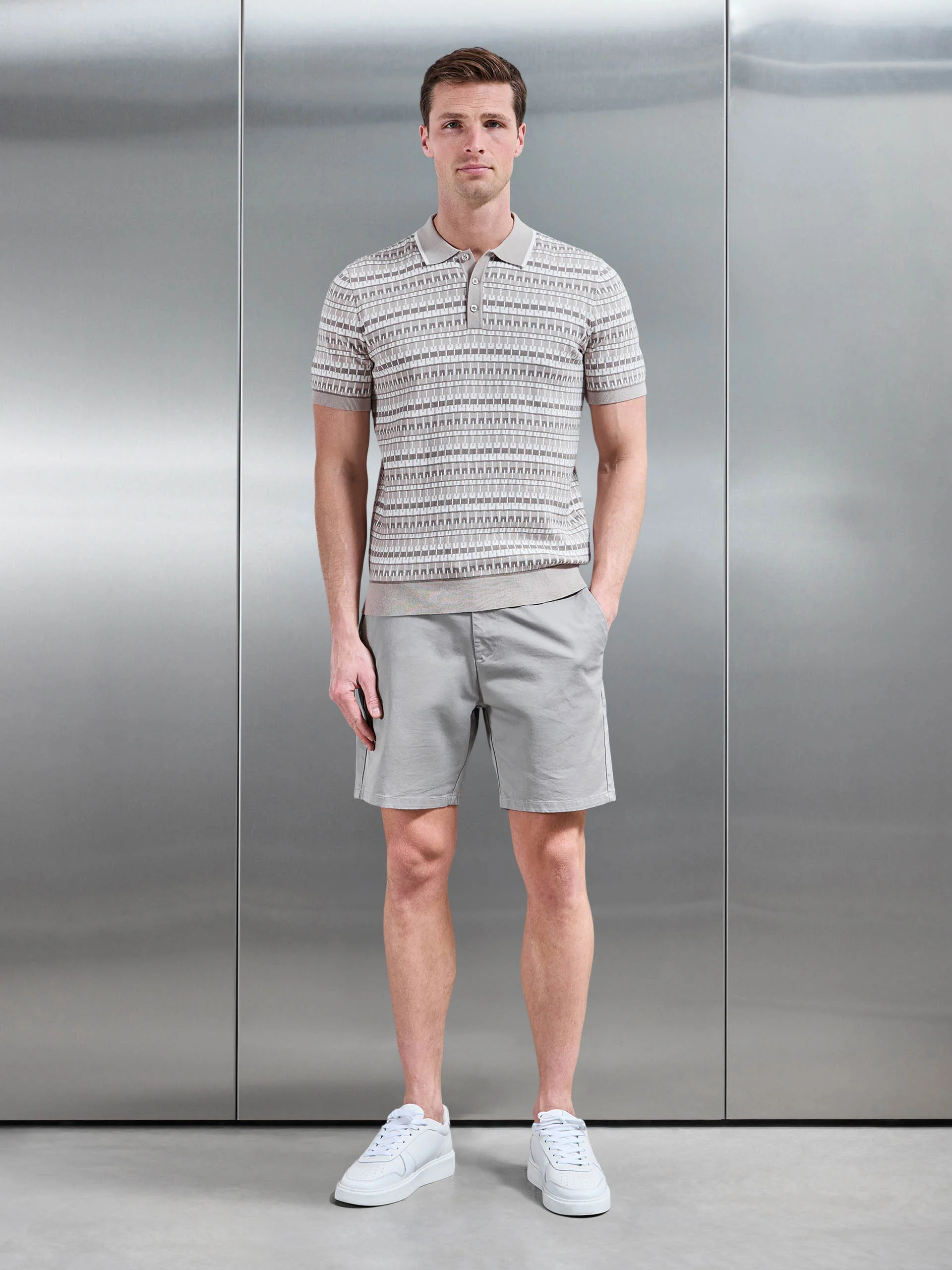 Roma Knitted Button Polo Shirt in Stone - Image 2