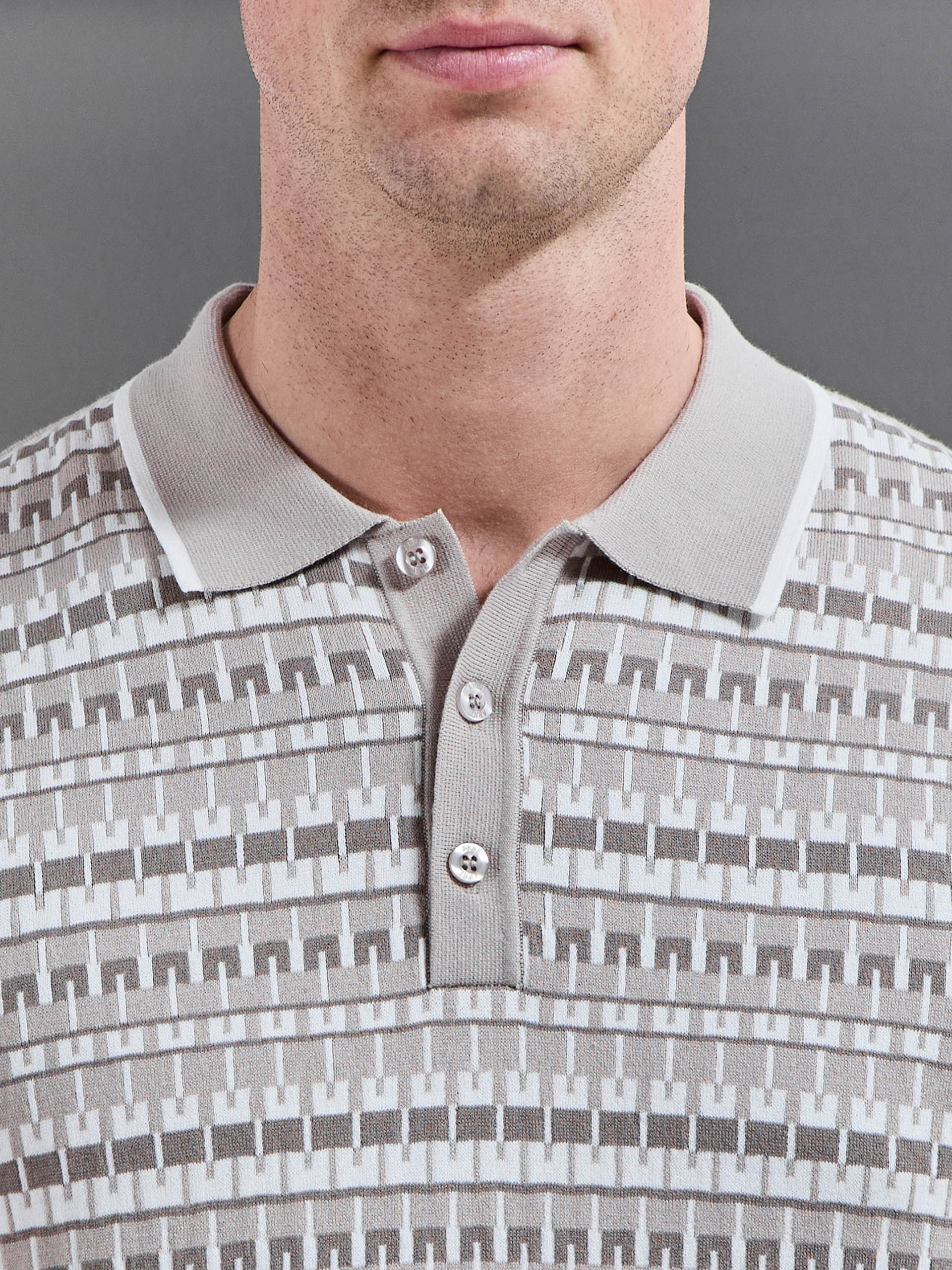 Roma Knitted Button Polo Shirt in Stone - Image 4