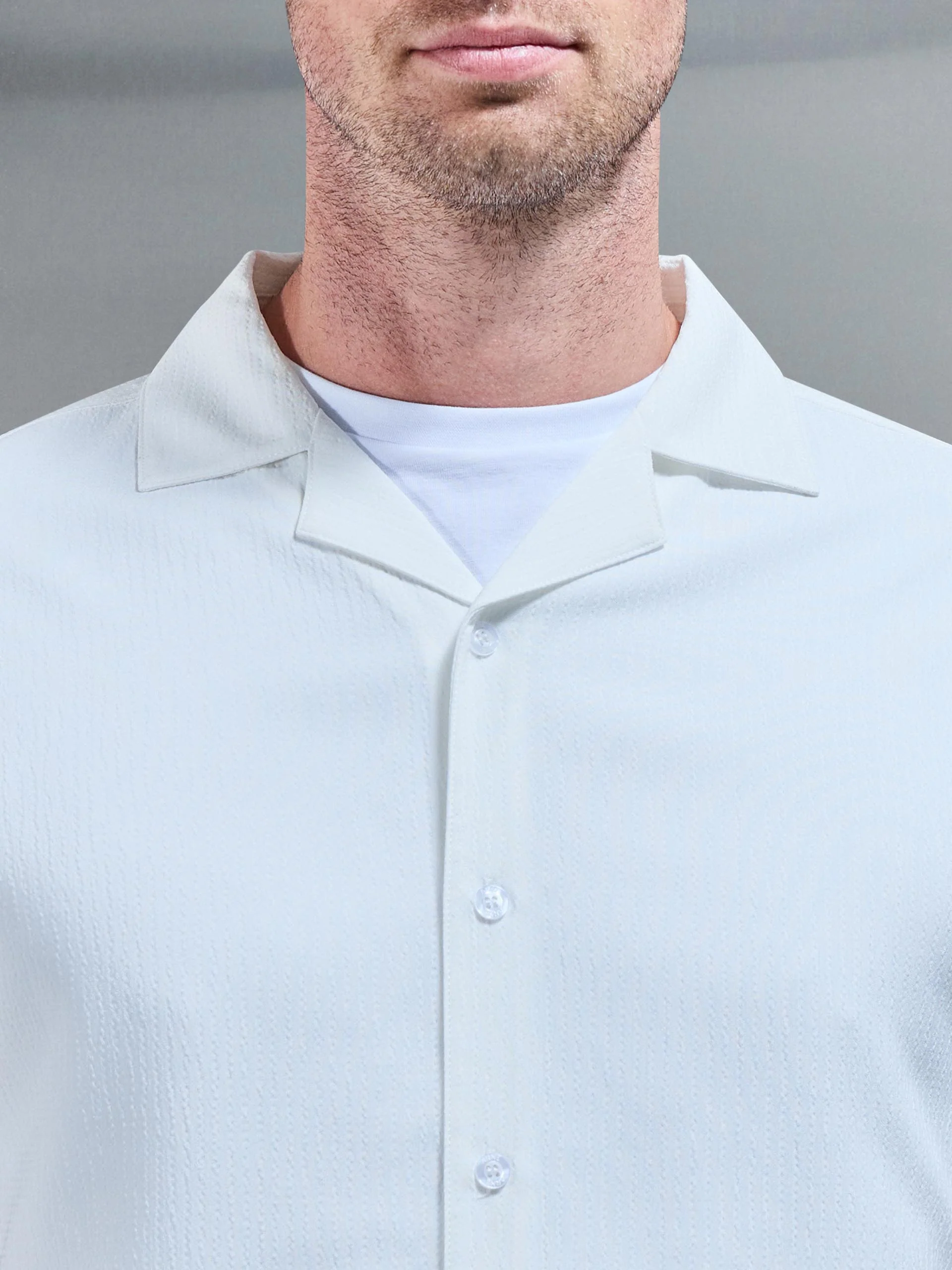 Seersucker Stripe Revere Collar Shirt in White - Image 3