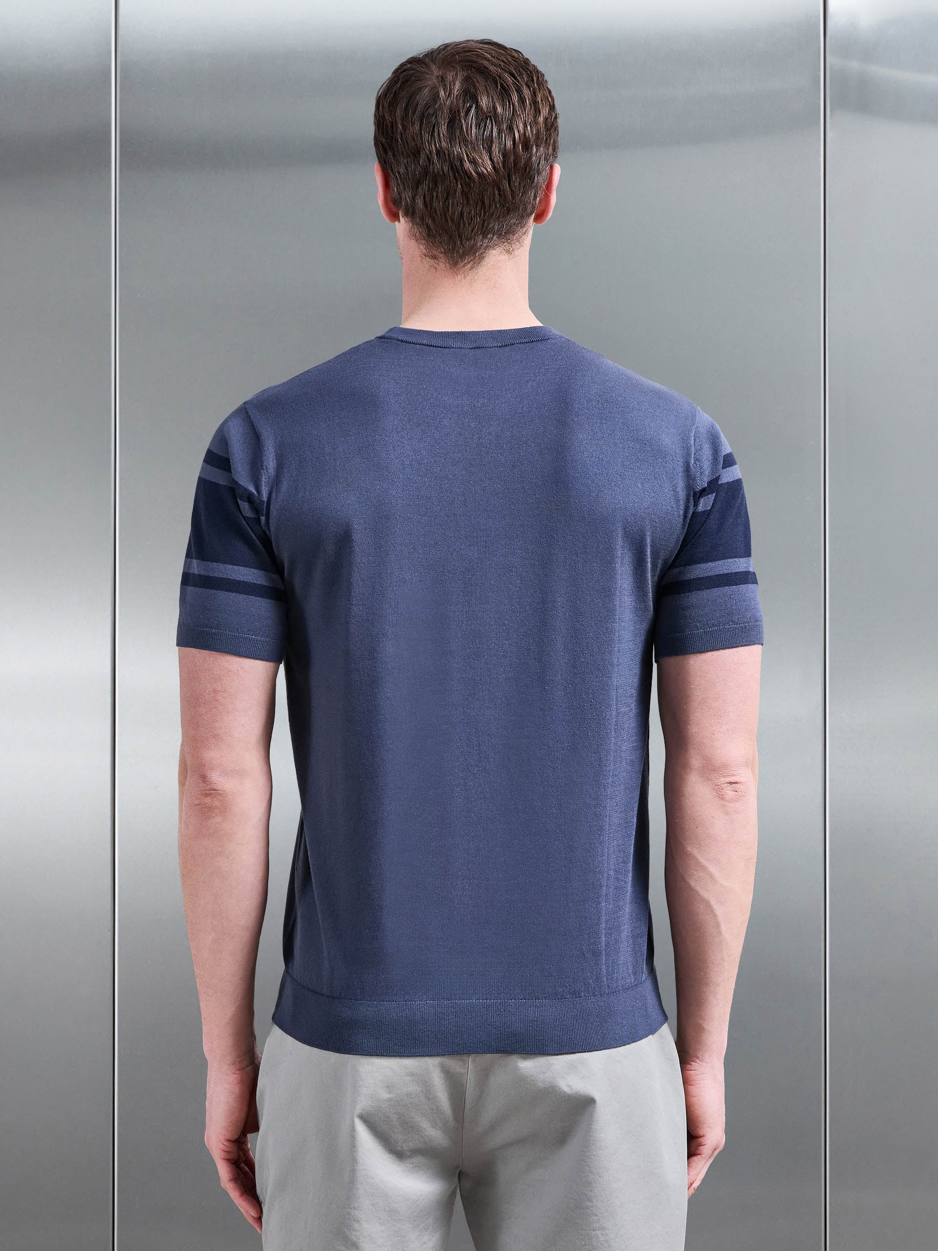 Seria Knitted Crew Neck Colour Block T-Shirt in Slate Blue - Image 3