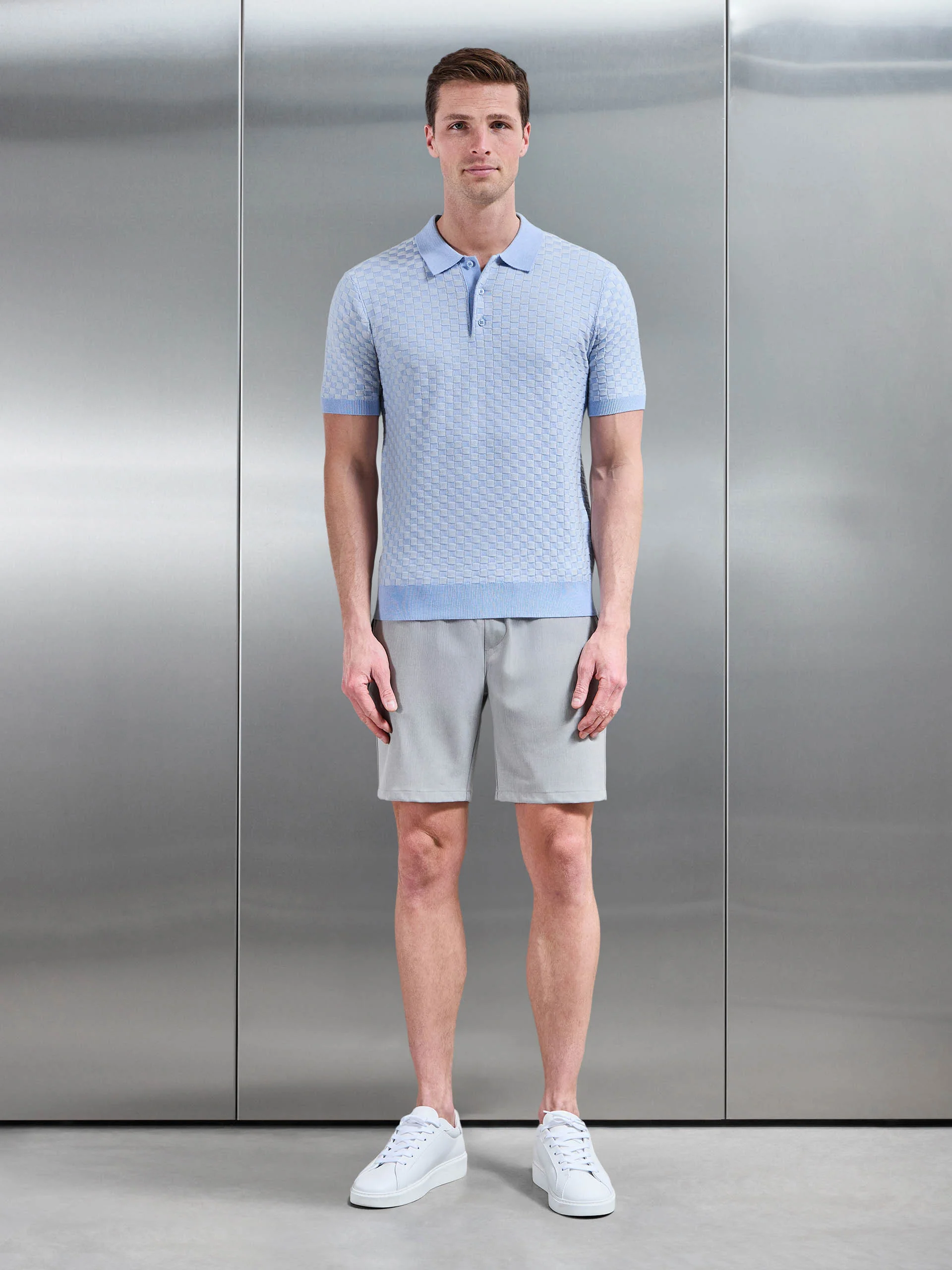 Square Contrast Textured Polo Shirt in Light Blue - Image 2