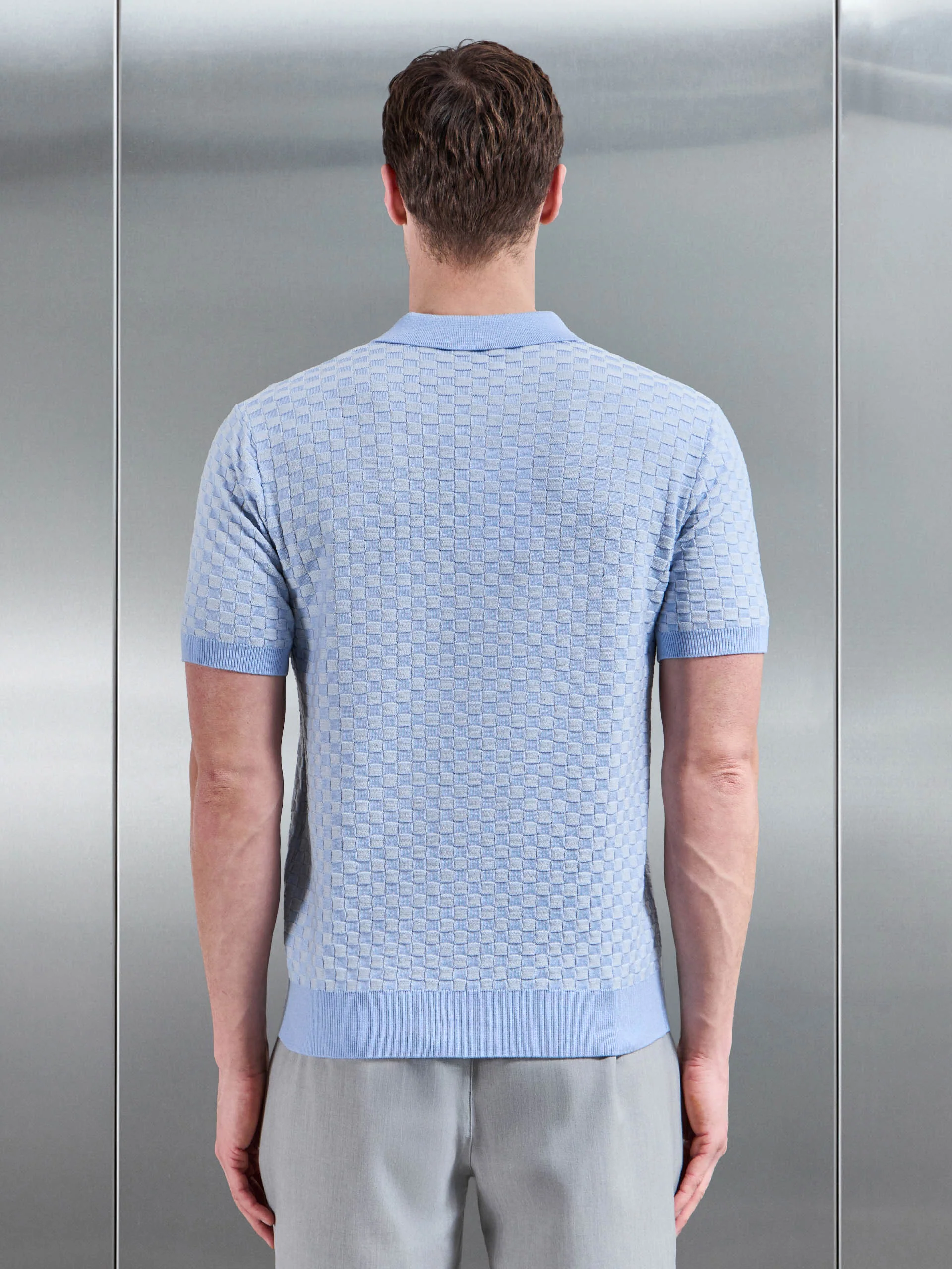 Square Contrast Textured Polo Shirt in Light Blue - Image 3