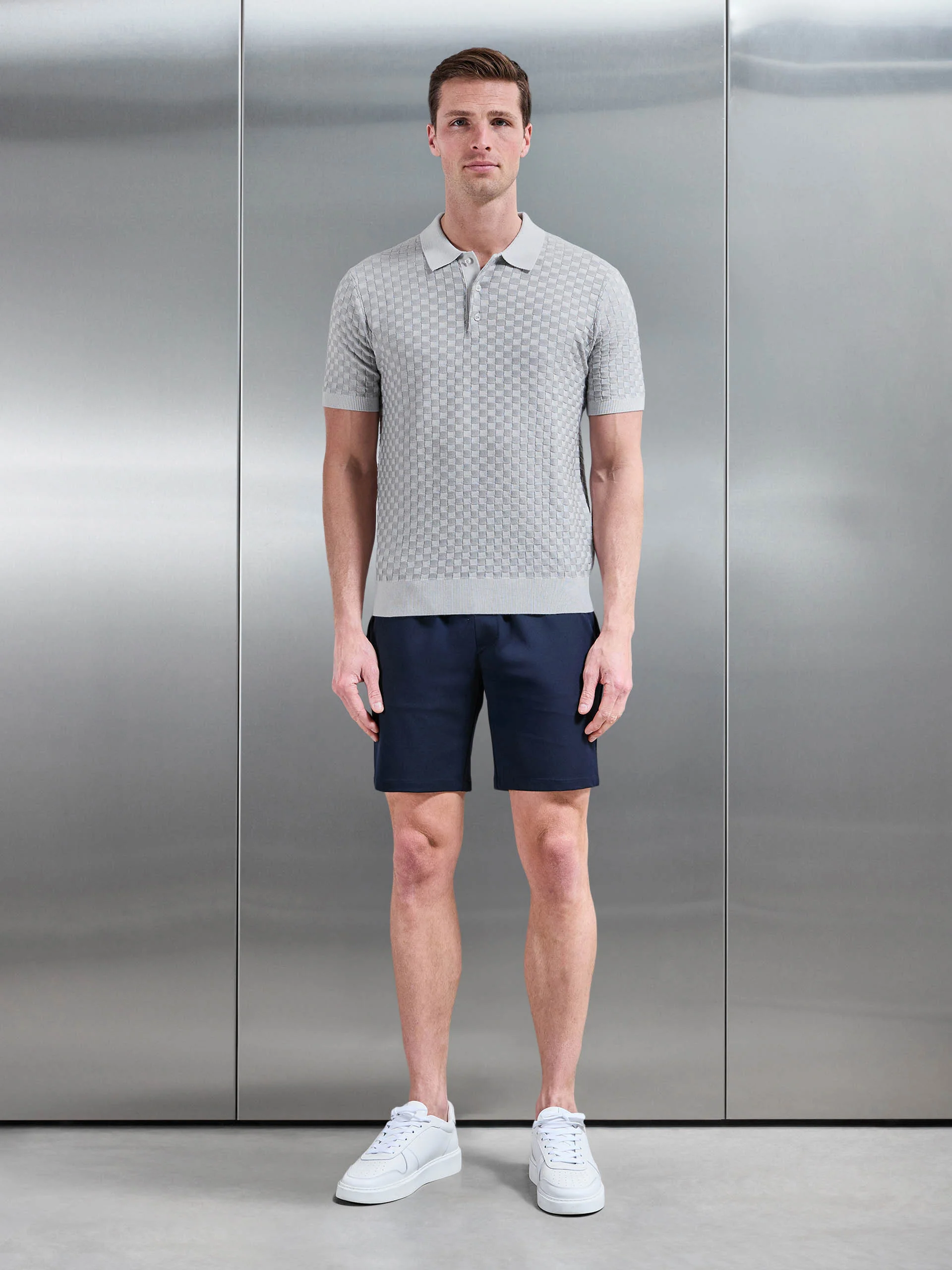 Square Contrast Textured Polo Shirt in Mid Grey - Image 2