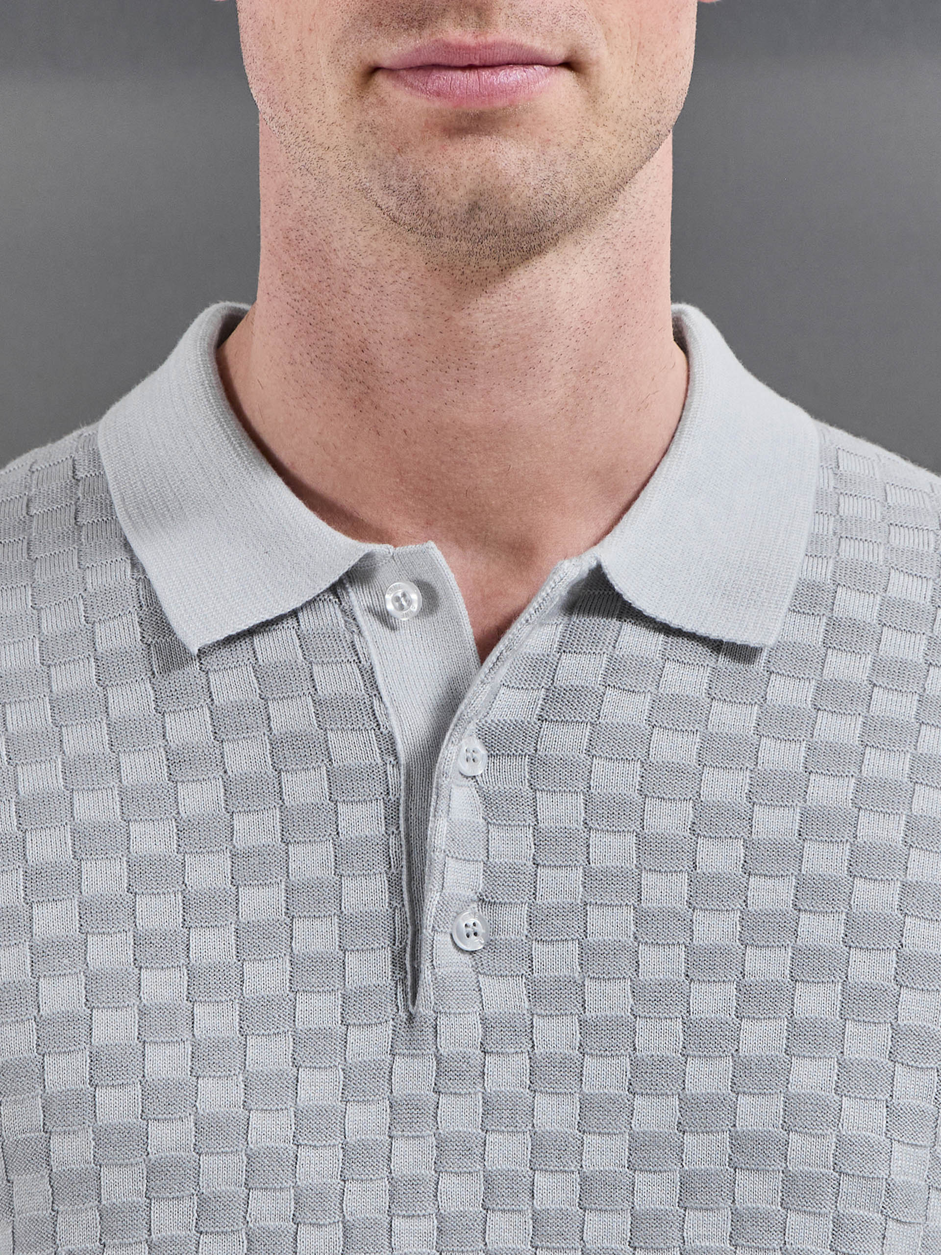 Square Contrast Textured Polo Shirt in Mid Grey - Image 3