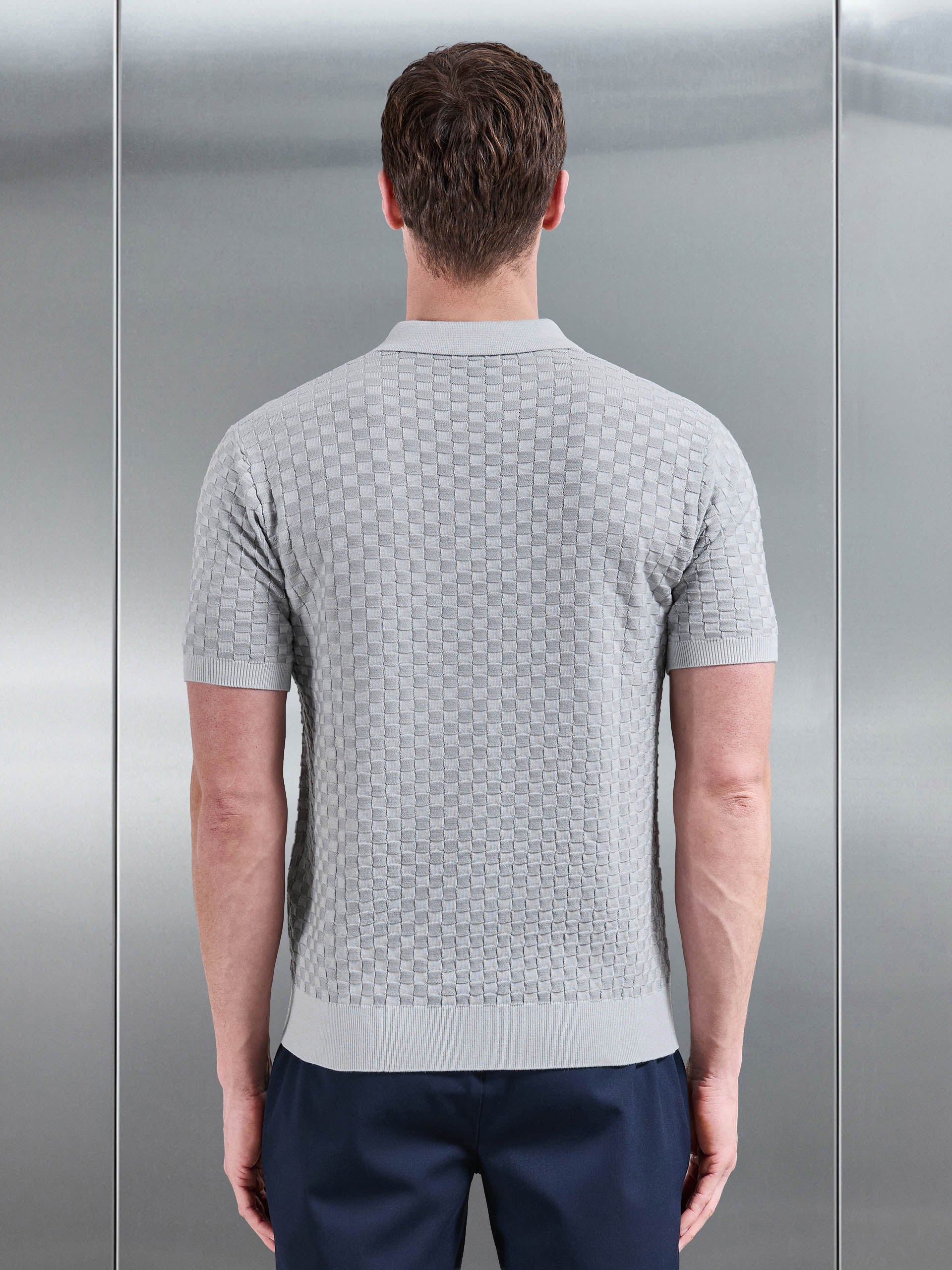 Square Contrast Textured Polo Shirt in Mid Grey - Image 4