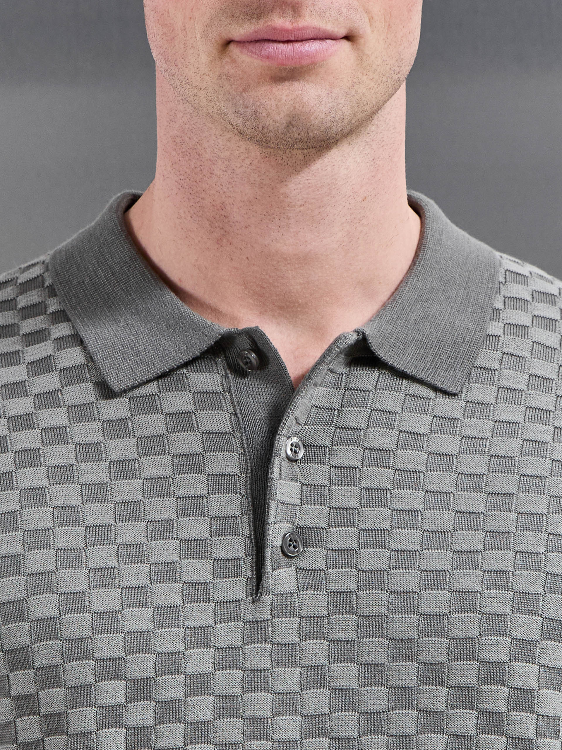 Square Contrast Textured Polo Shirt in Sage - Image 4