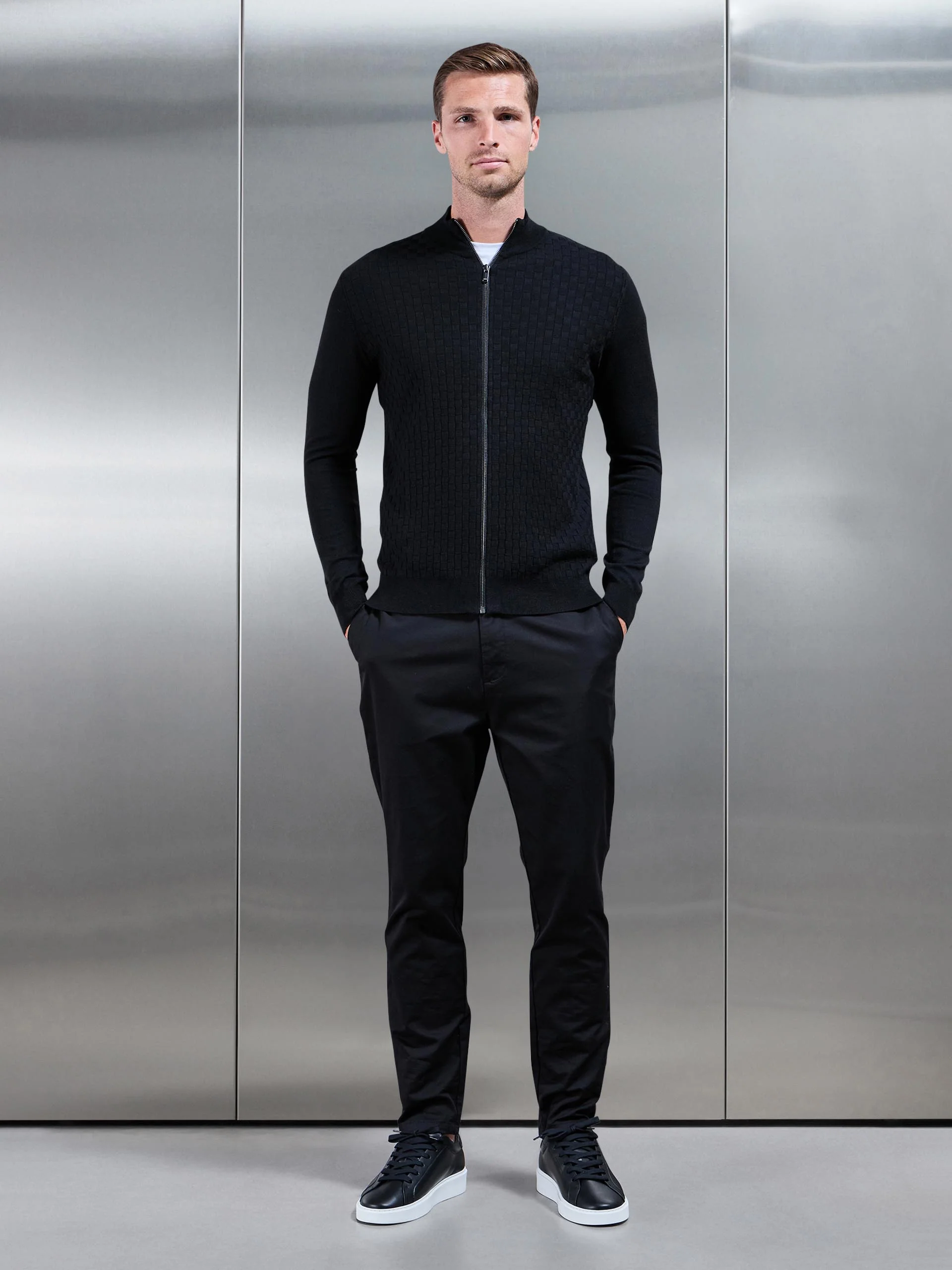 Square Textured Knitted Zip Jacket in Black - Image 2