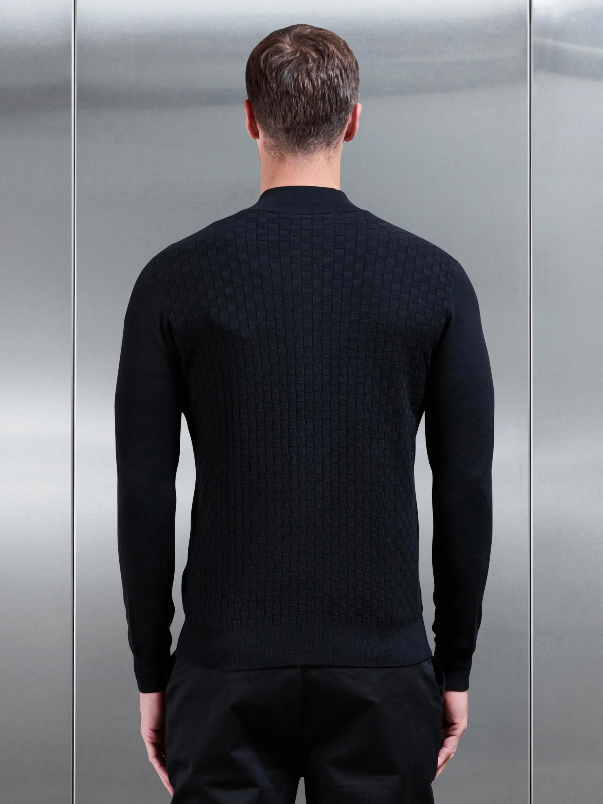 Square Textured Knitted Zip Jacket in Black - Image 3