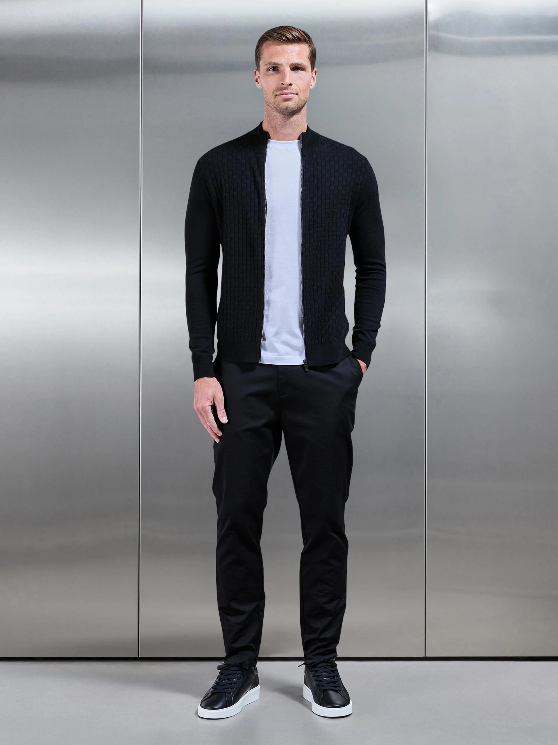 Square Textured Knitted Zip Jacket in Black - Image 4