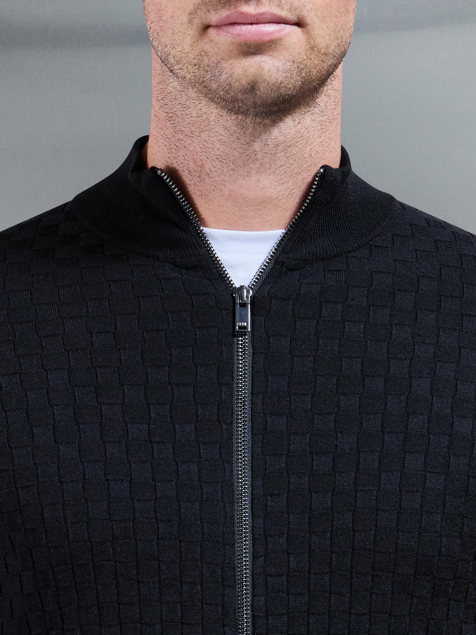 Square Textured Knitted Zip Jacket in Black - Image 5