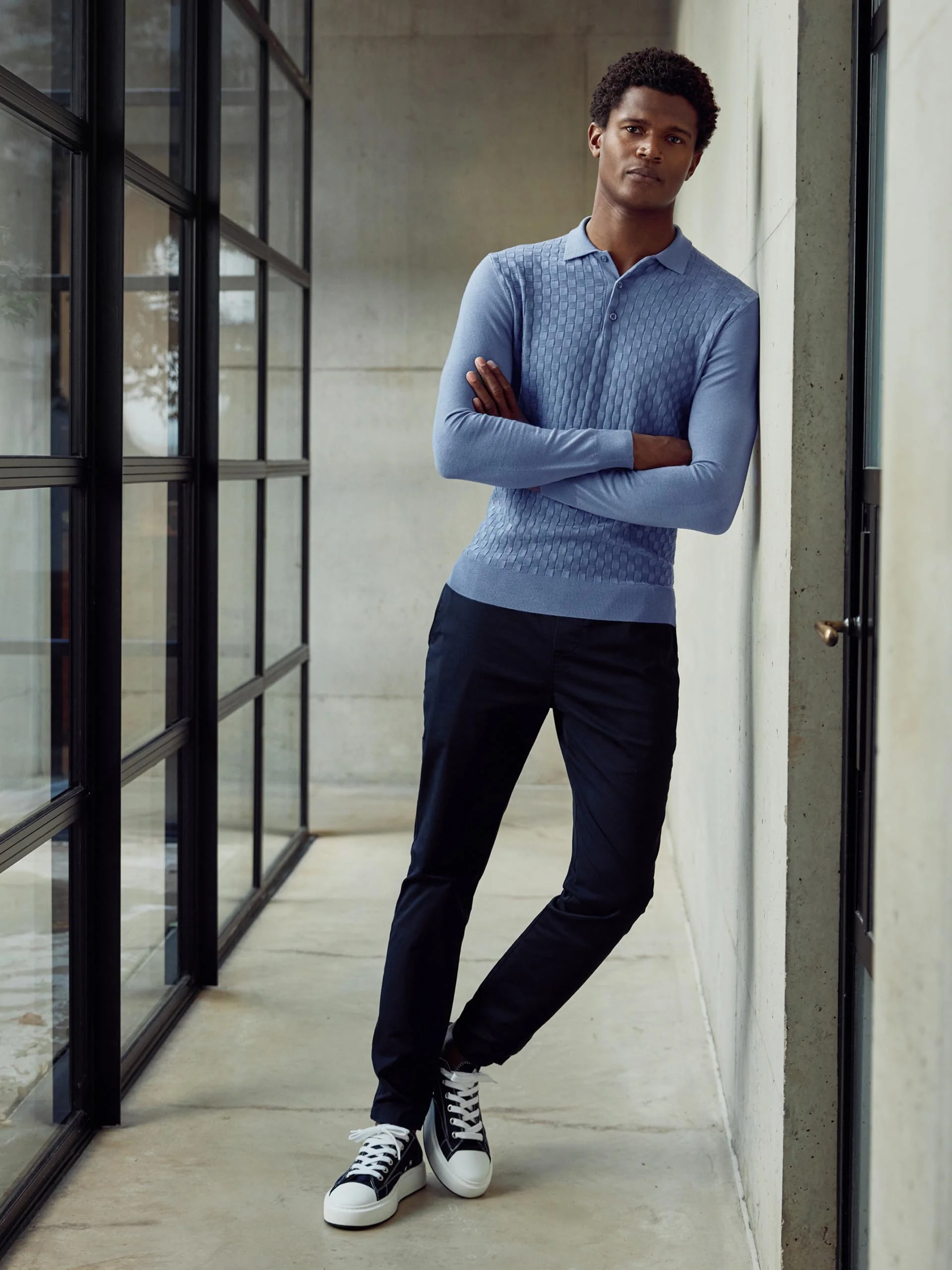 Square Textured Long Sleeve Button Polo Shirt in Silk Blue - Image 2