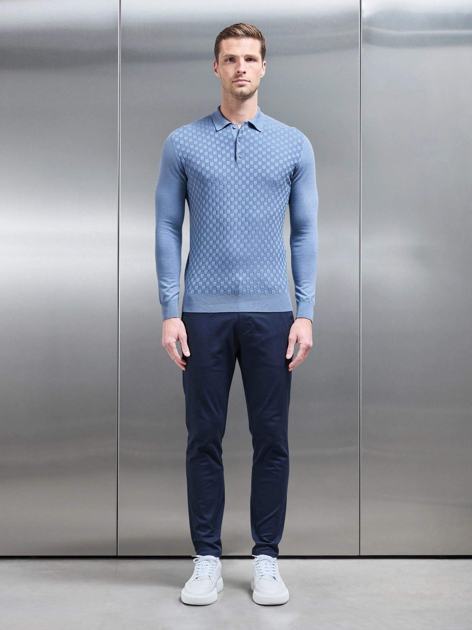 Square Textured Long Sleeve Button Polo Shirt in Silk Blue - Image 3