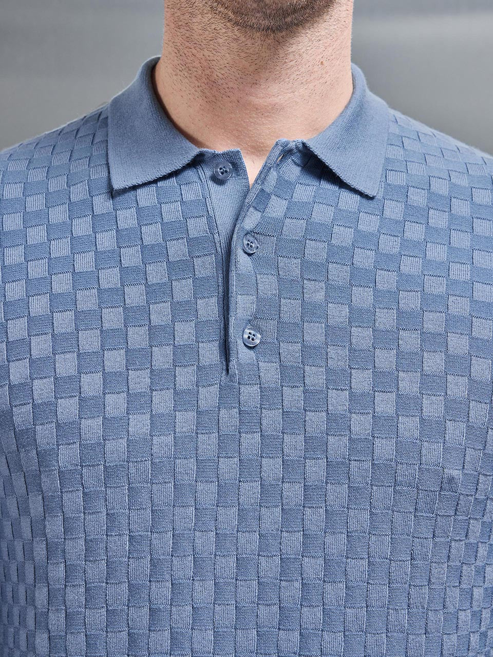 Square Textured Long Sleeve Button Polo Shirt in Silk Blue - Image 4