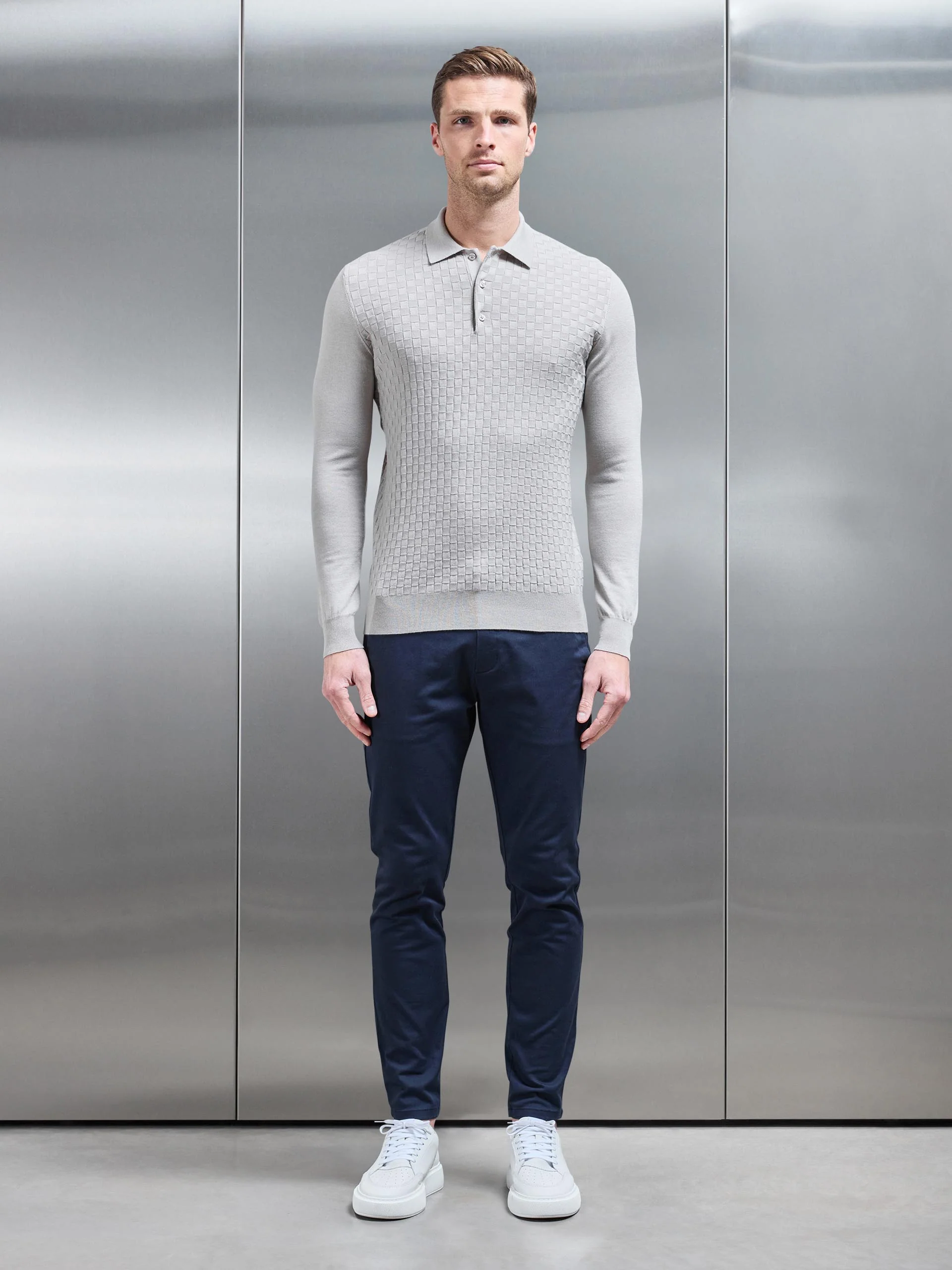 Square Textured Long Sleeve Button Polo Shirt in Stone - Image 2