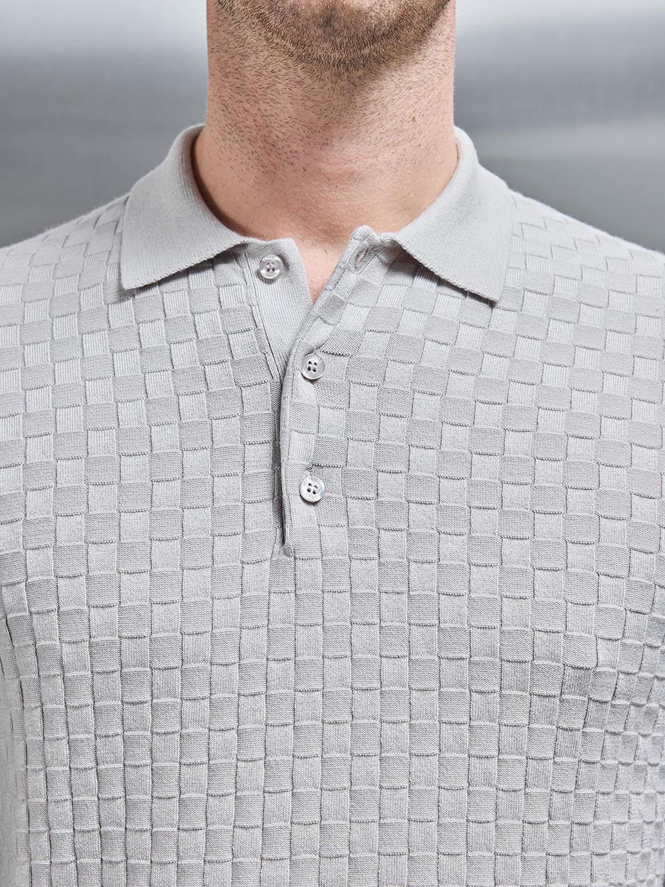 Square Textured Long Sleeve Button Polo Shirt in Stone - Image 3