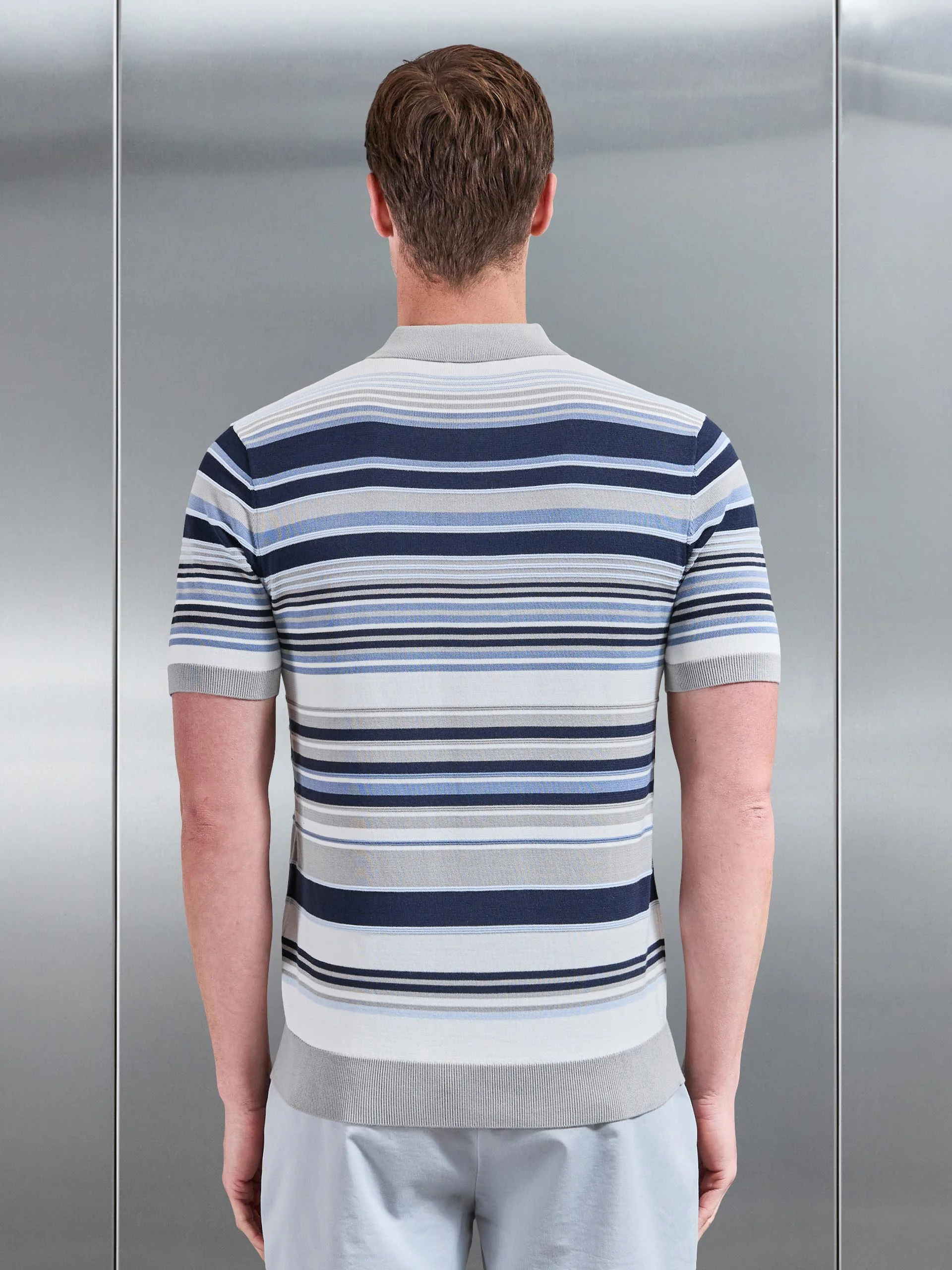 Stripe Knitted Polo Shirt in Steel Blue - Image 3