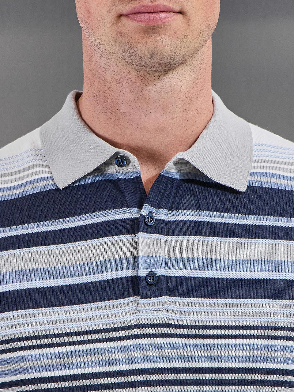 Stripe Knitted Polo Shirt in Steel Blue - Image 4