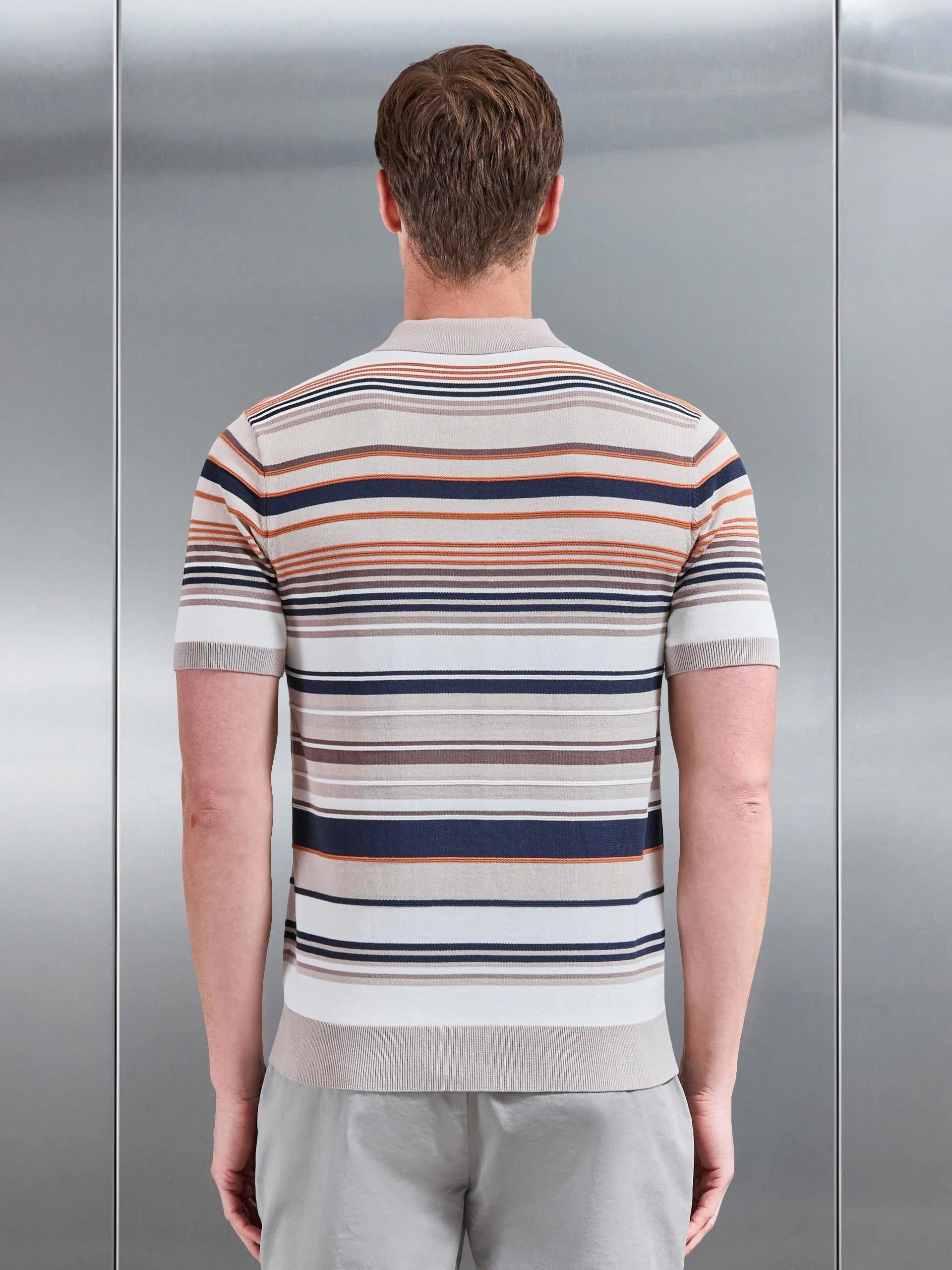 Stripe Knitted Polo Shirt in Stone - Image 3