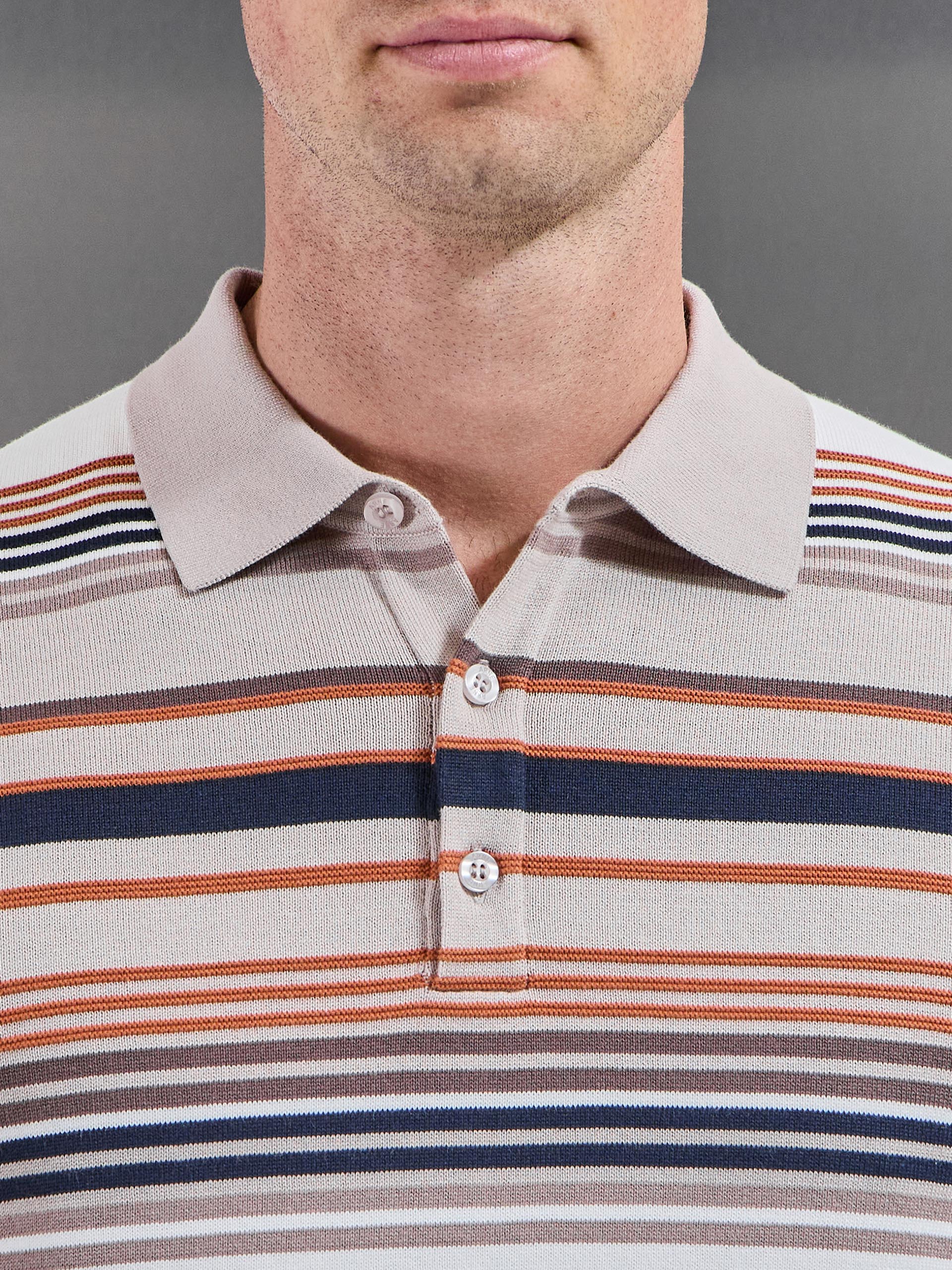 Stripe Knitted Polo Shirt in Stone - Image 4