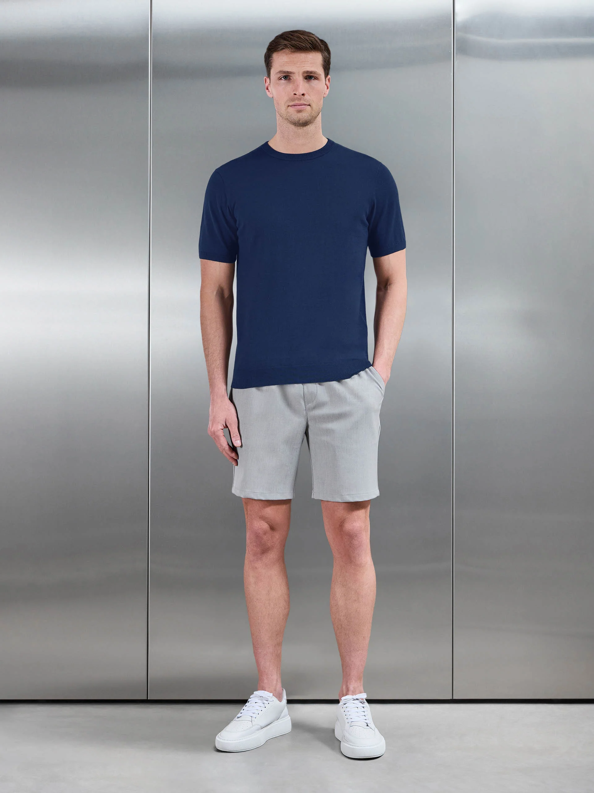 Summer Cotton Knitted T-Shirt in Navy - Image 2