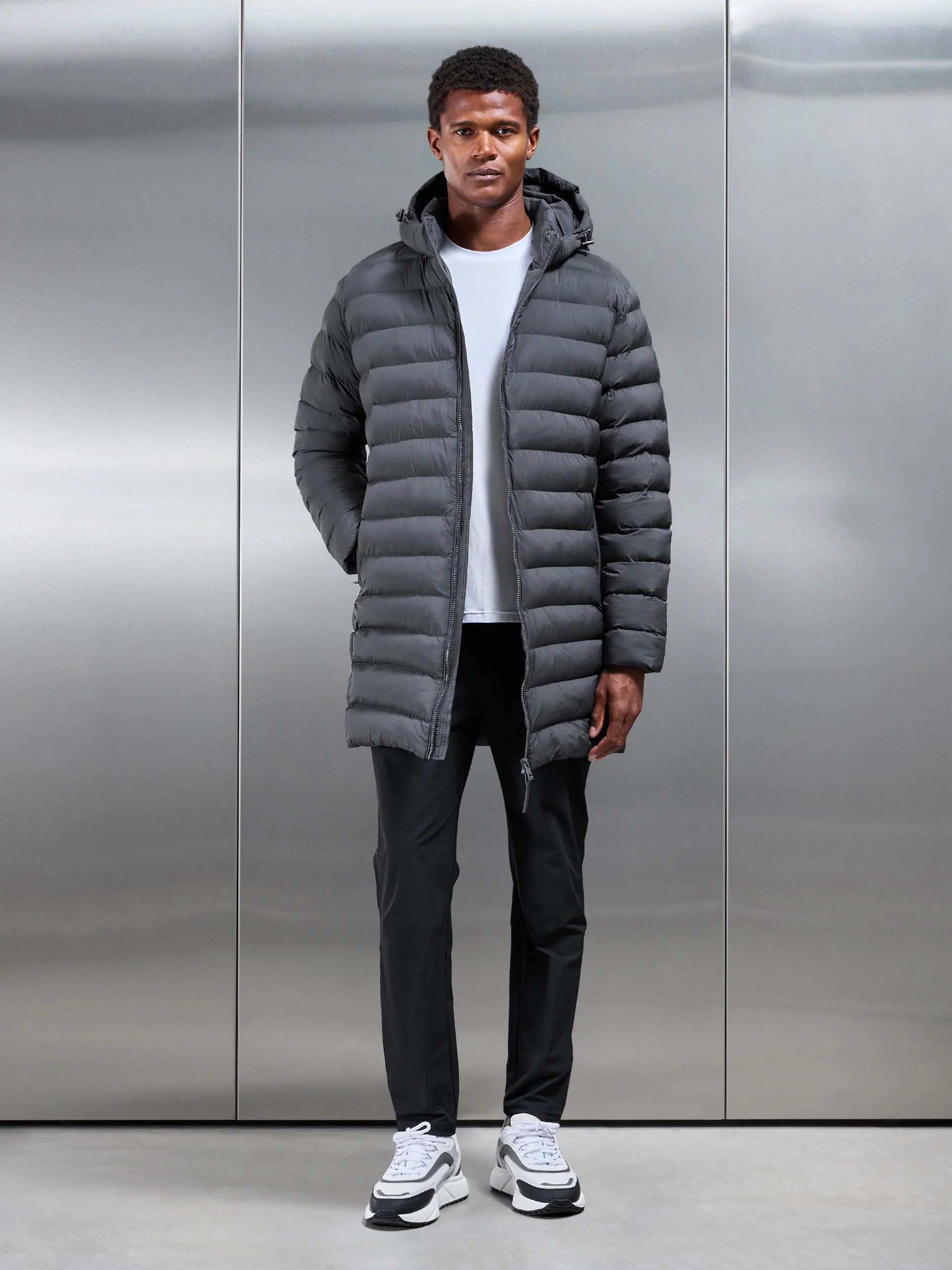 Technical Mid Length Puffer Jacket in Grey - Image 2
