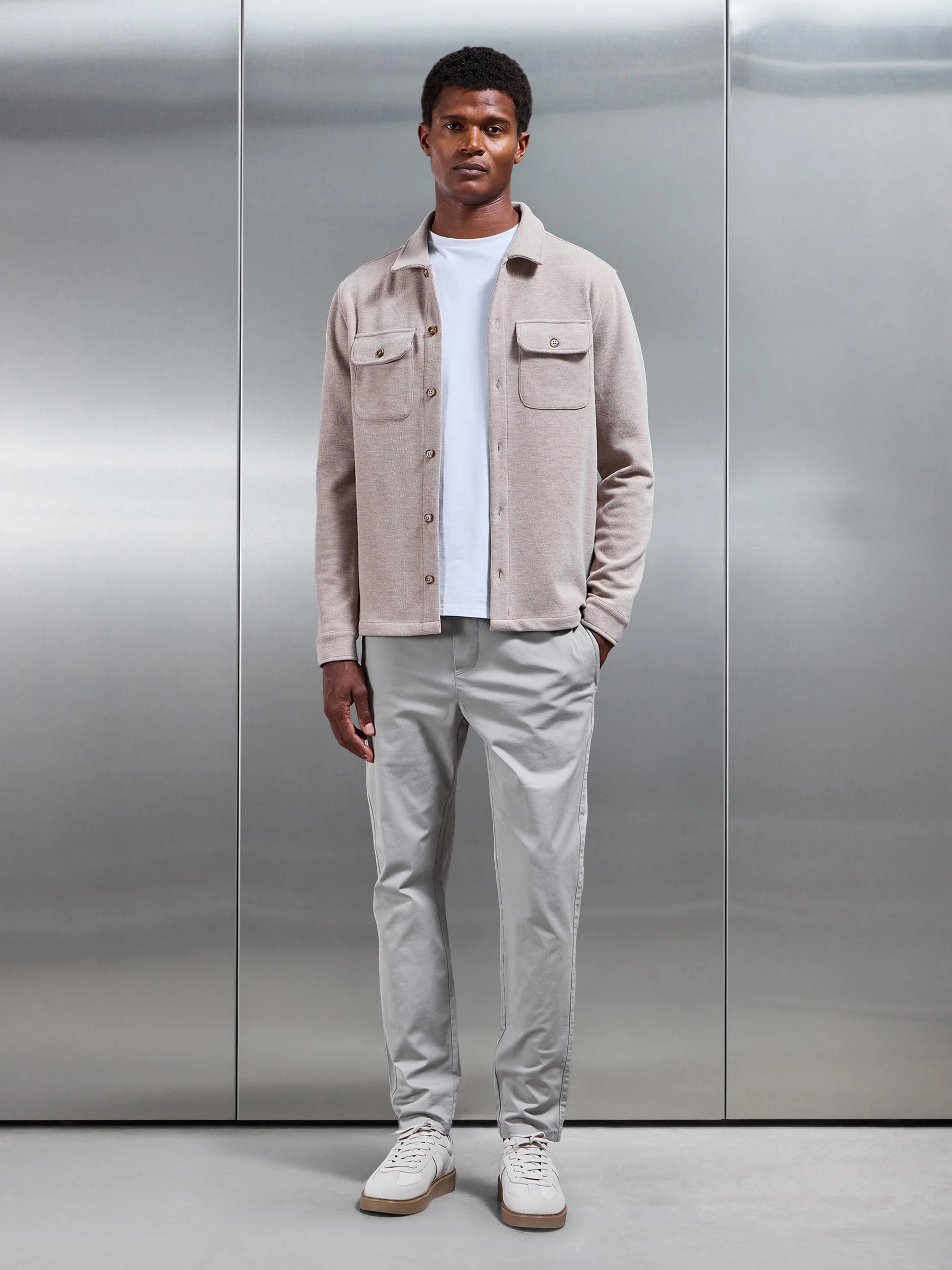 Textured Knitted Overshirt in Taupe - Image 2