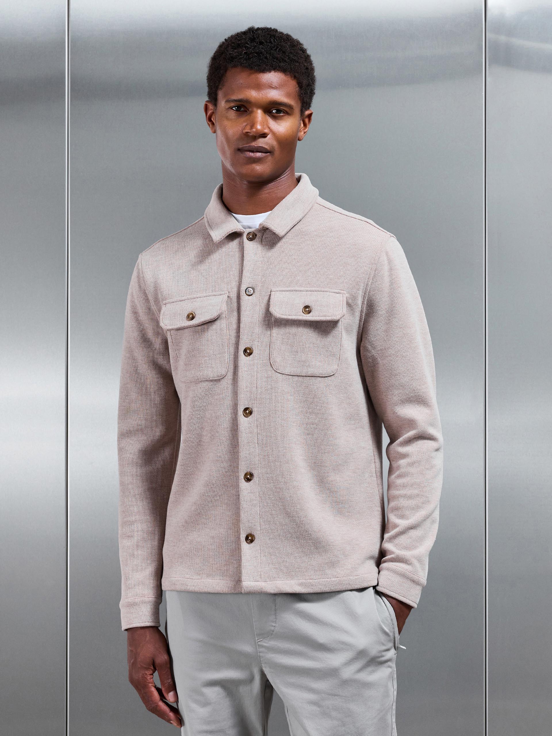 Textured Knitted Overshirt in Taupe - Image 5