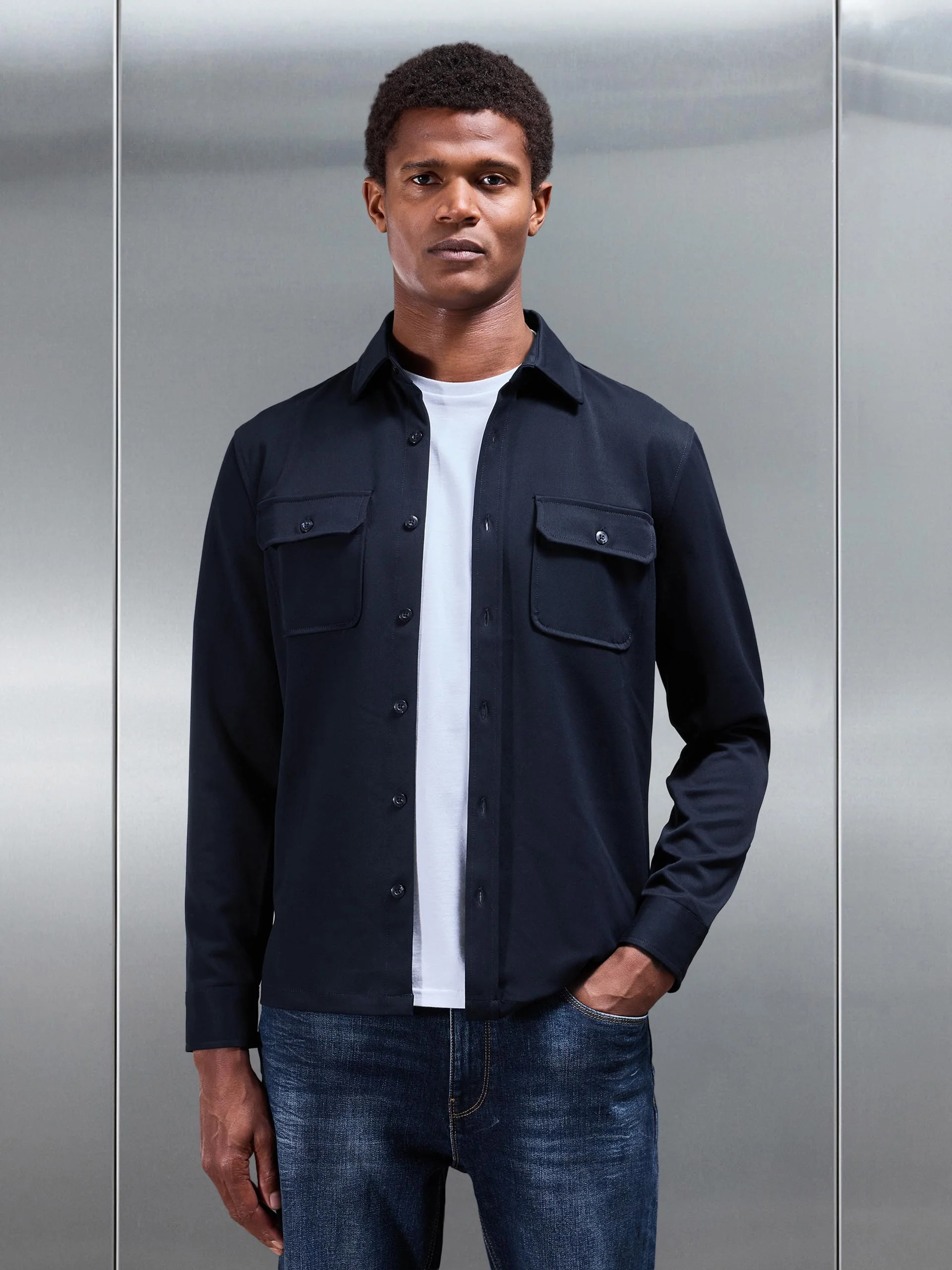 Textured Overshirt in Navy - Image 5