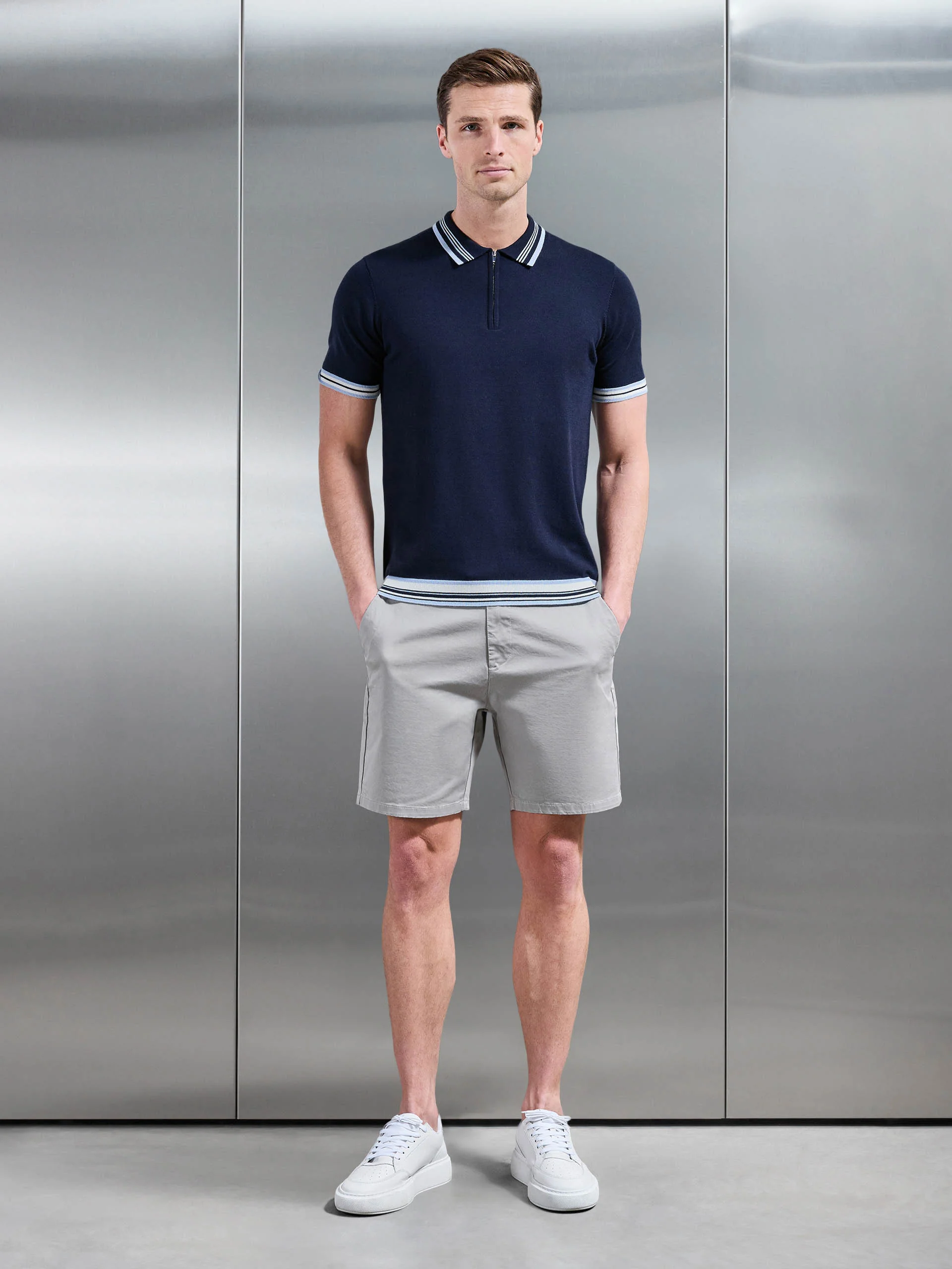 Tipped Knitted Polo Shirt in Navy - Image 2