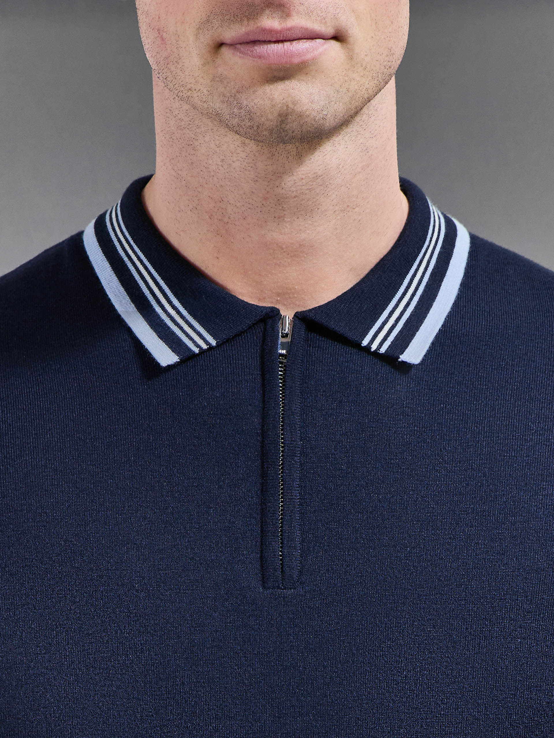 Tipped Knitted Polo Shirt in Navy - Image 4