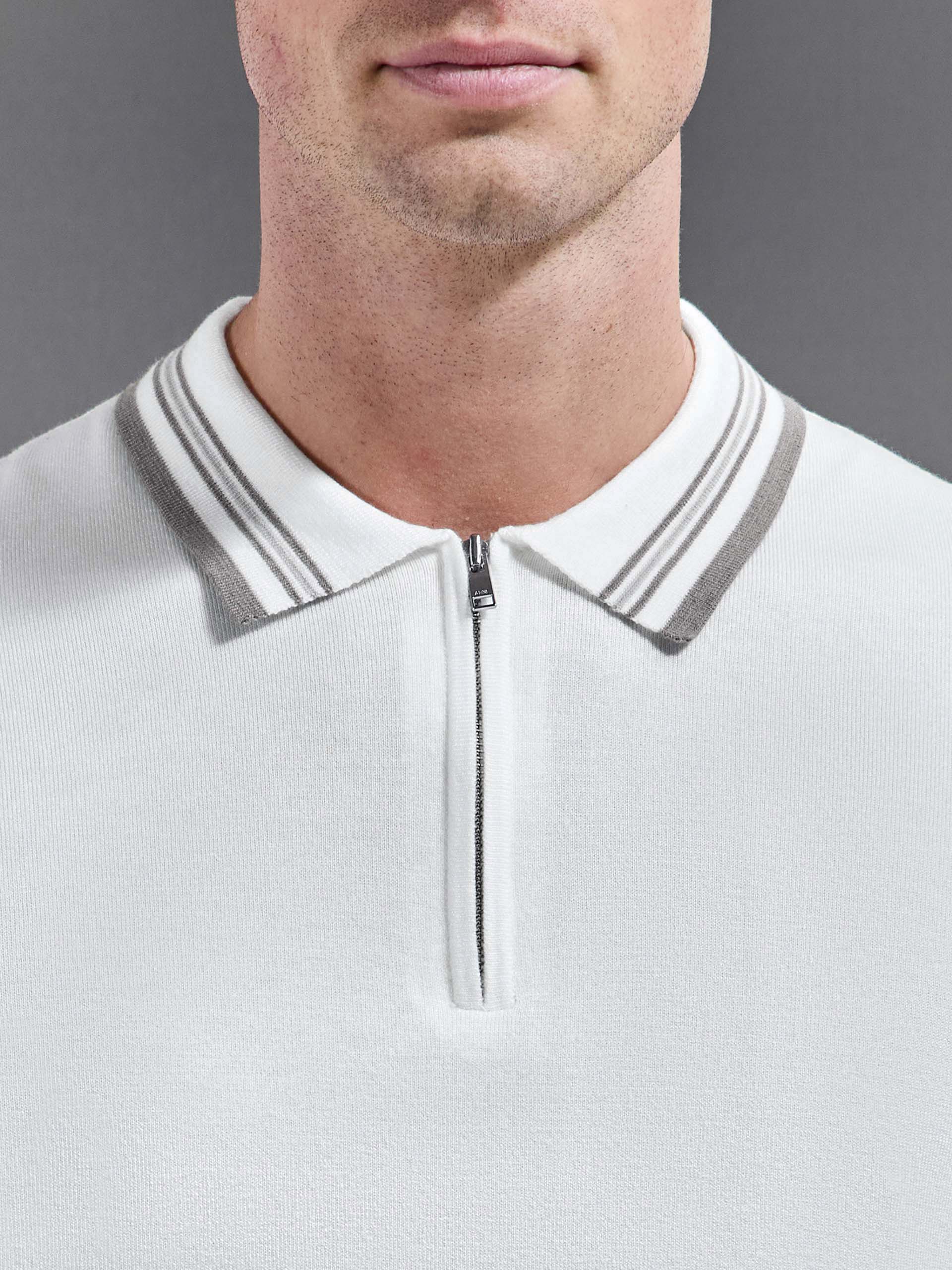 Tipped Knitted Polo Shirt in White - Image 3