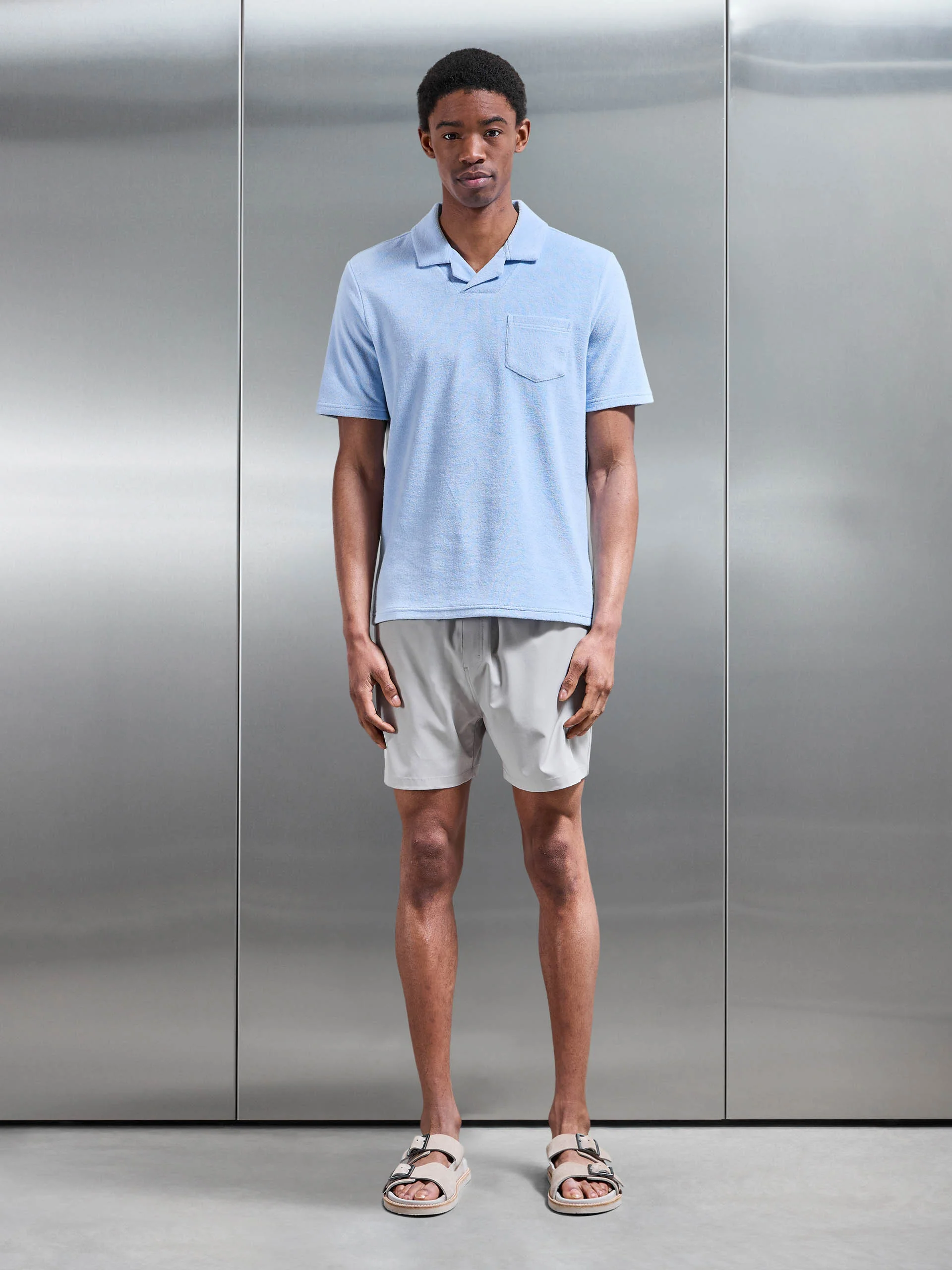 Towelling Revere Collar Polo Shirt in Light Blue - Image 2