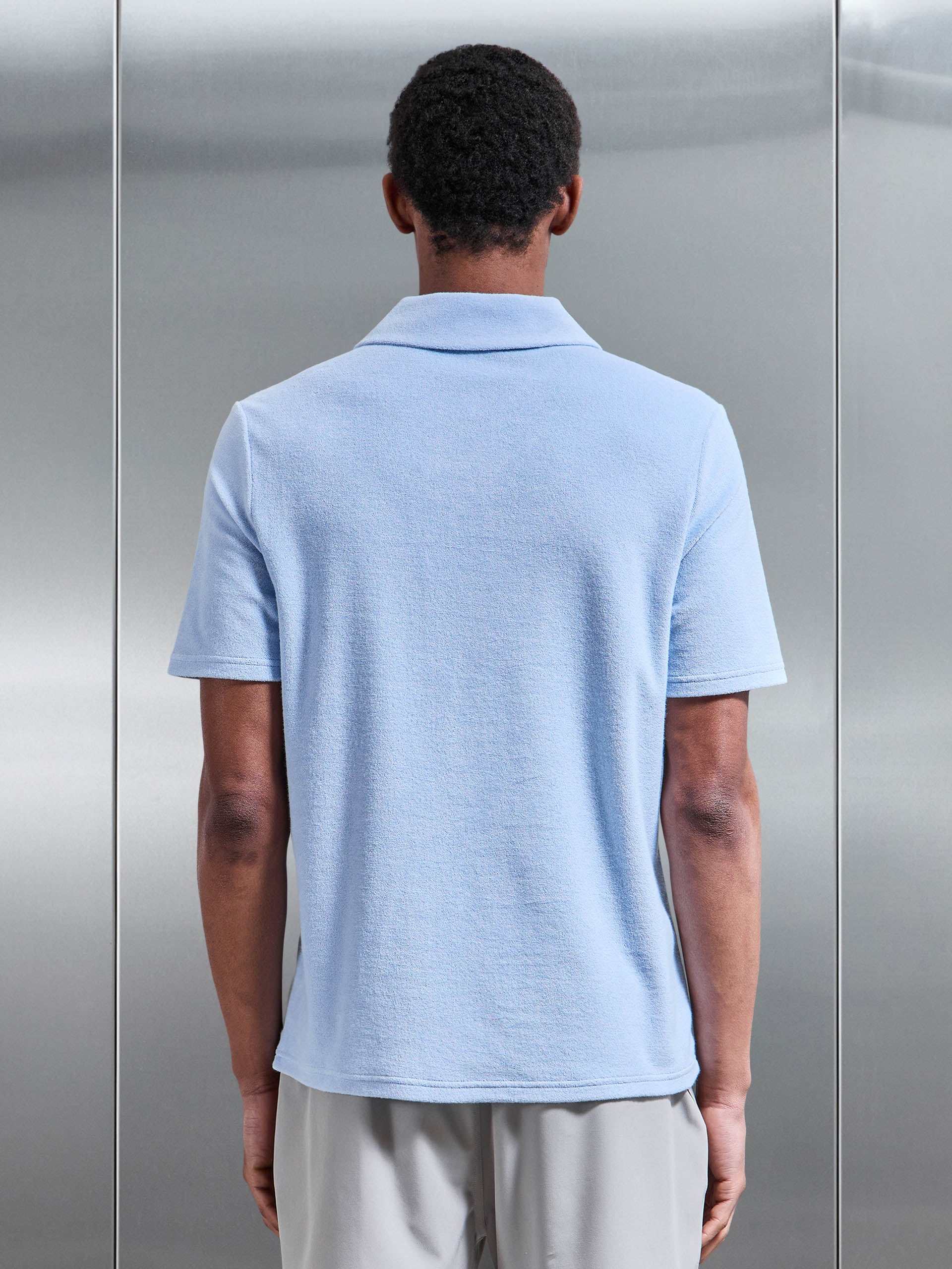 Towelling Revere Collar Polo Shirt in Light Blue - Image 3