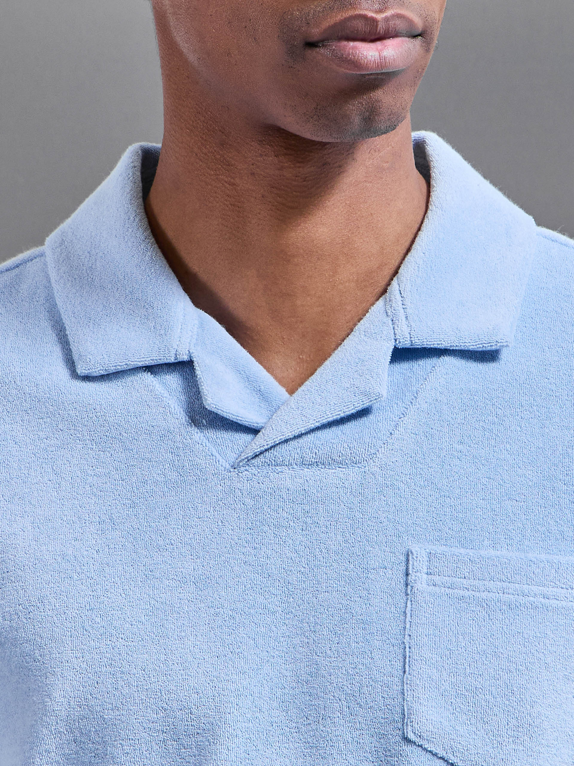 Towelling Revere Collar Polo Shirt in Light Blue - Image 4