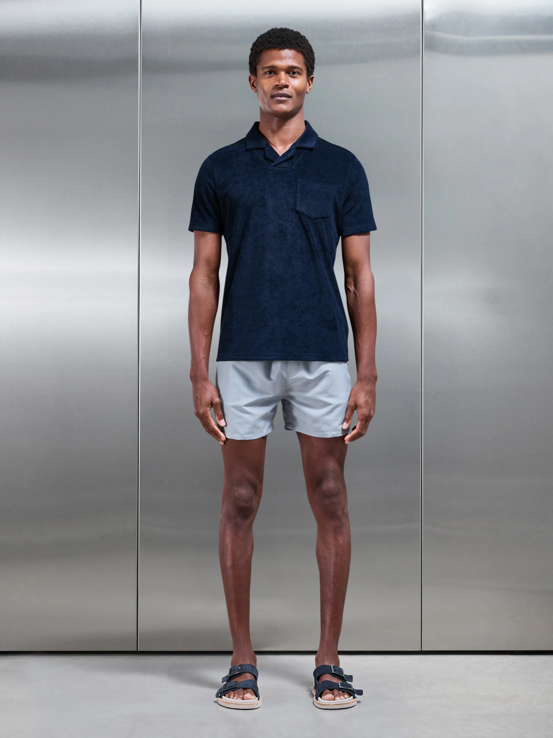 Towelling Revere Collar Polo Shirt in Navy - Image 2