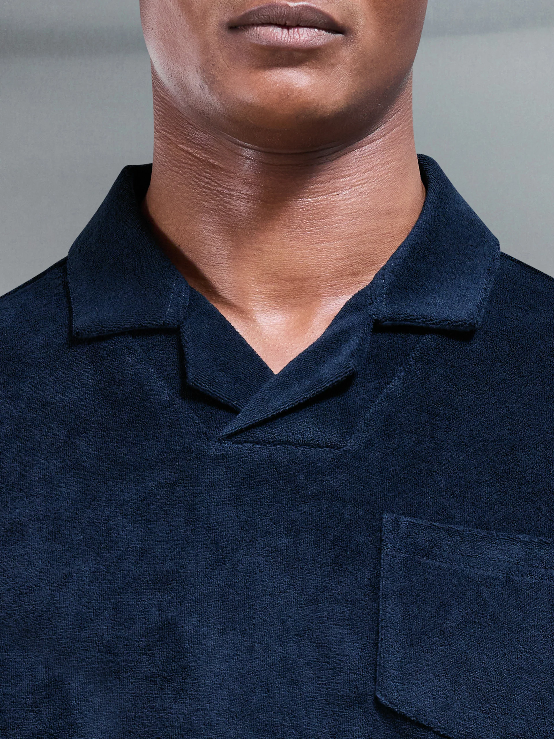 Towelling Revere Collar Polo Shirt in Navy - Image 3