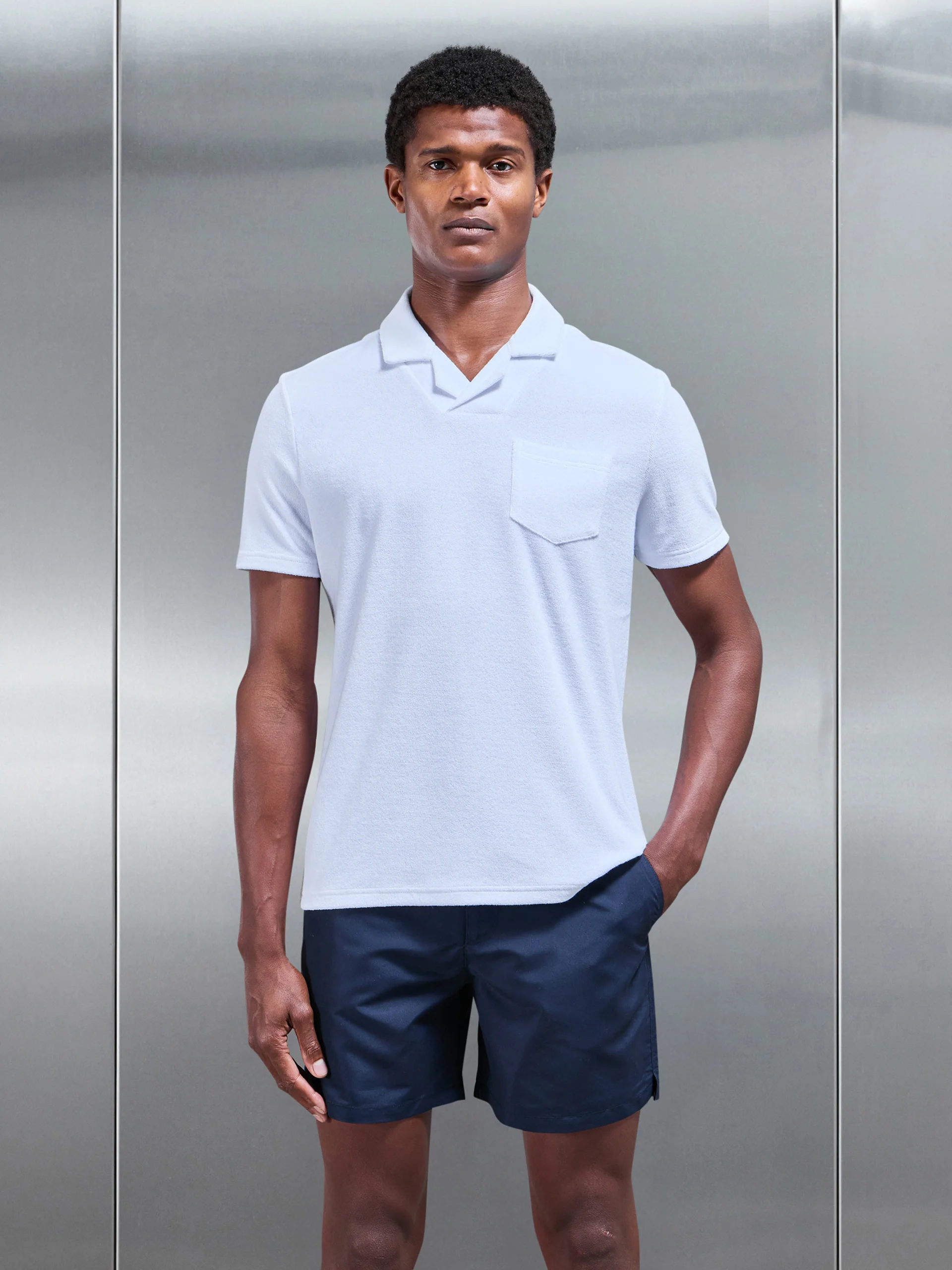 Towelling Revere Collar Polo Shirt in White - Image 3