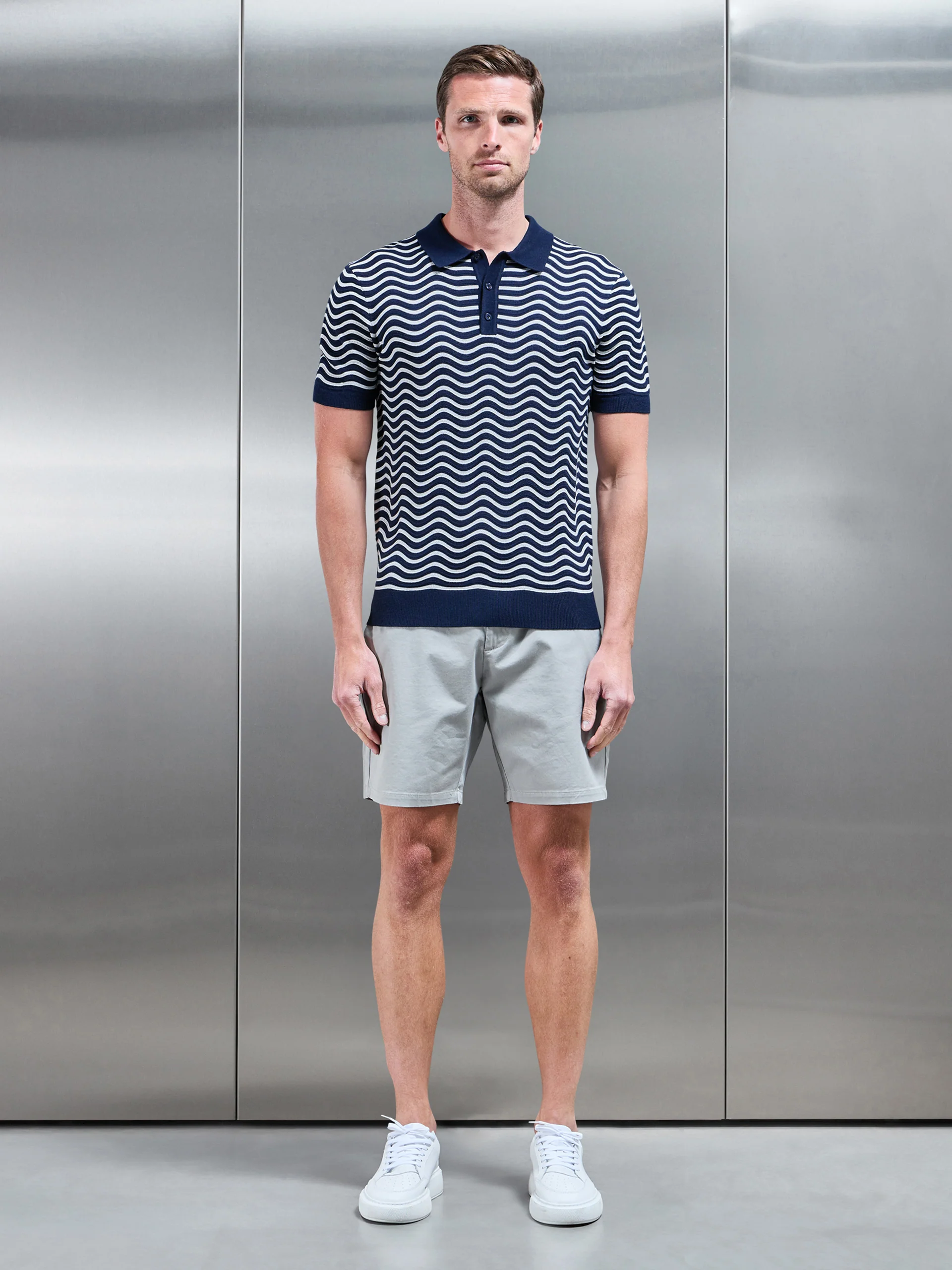 Wave Knitted Button Polo Shirt in Navy Mid Grey - Image 2