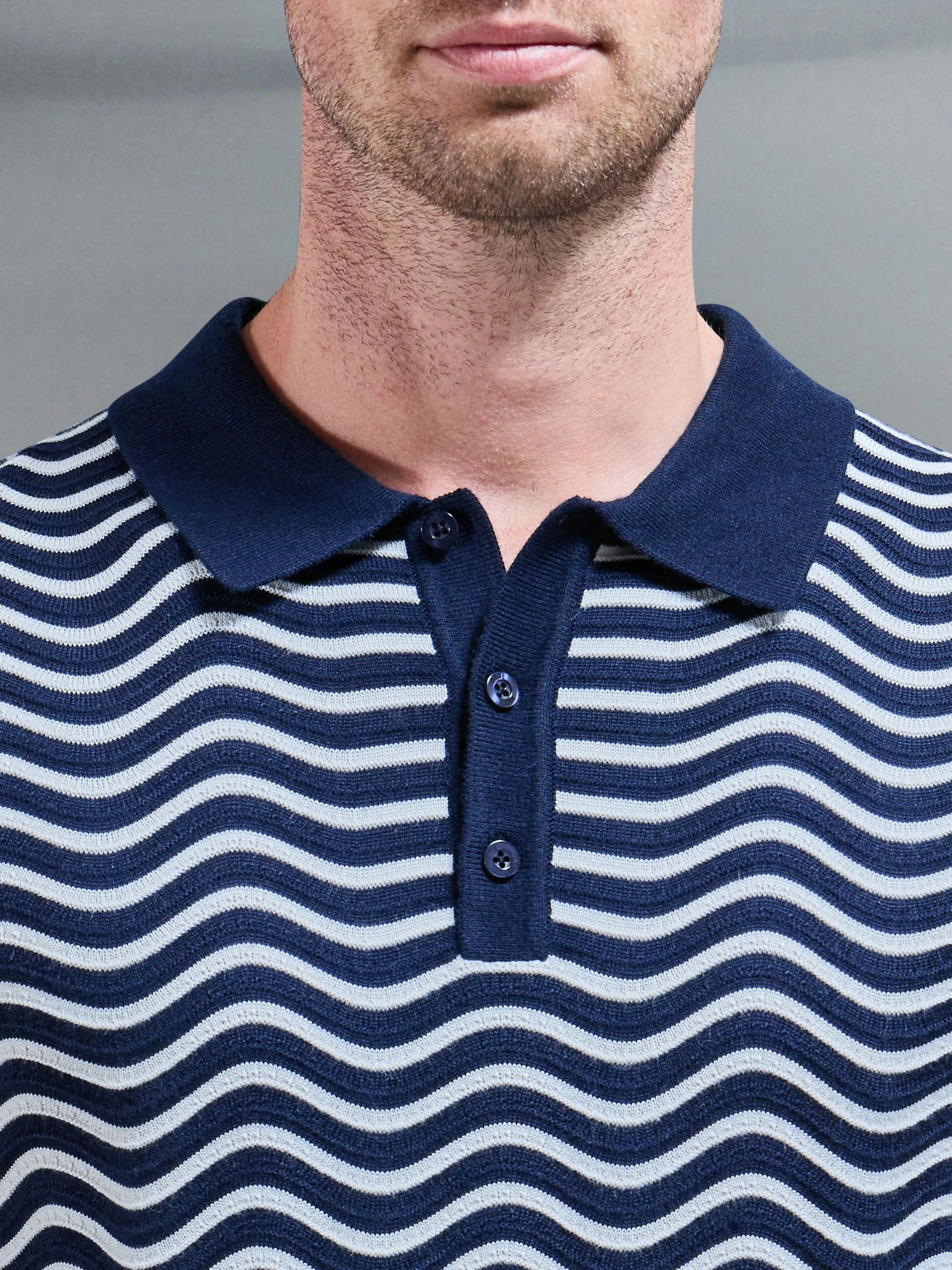 Wave Knitted Button Polo Shirt in Navy Mid Grey - Image 3