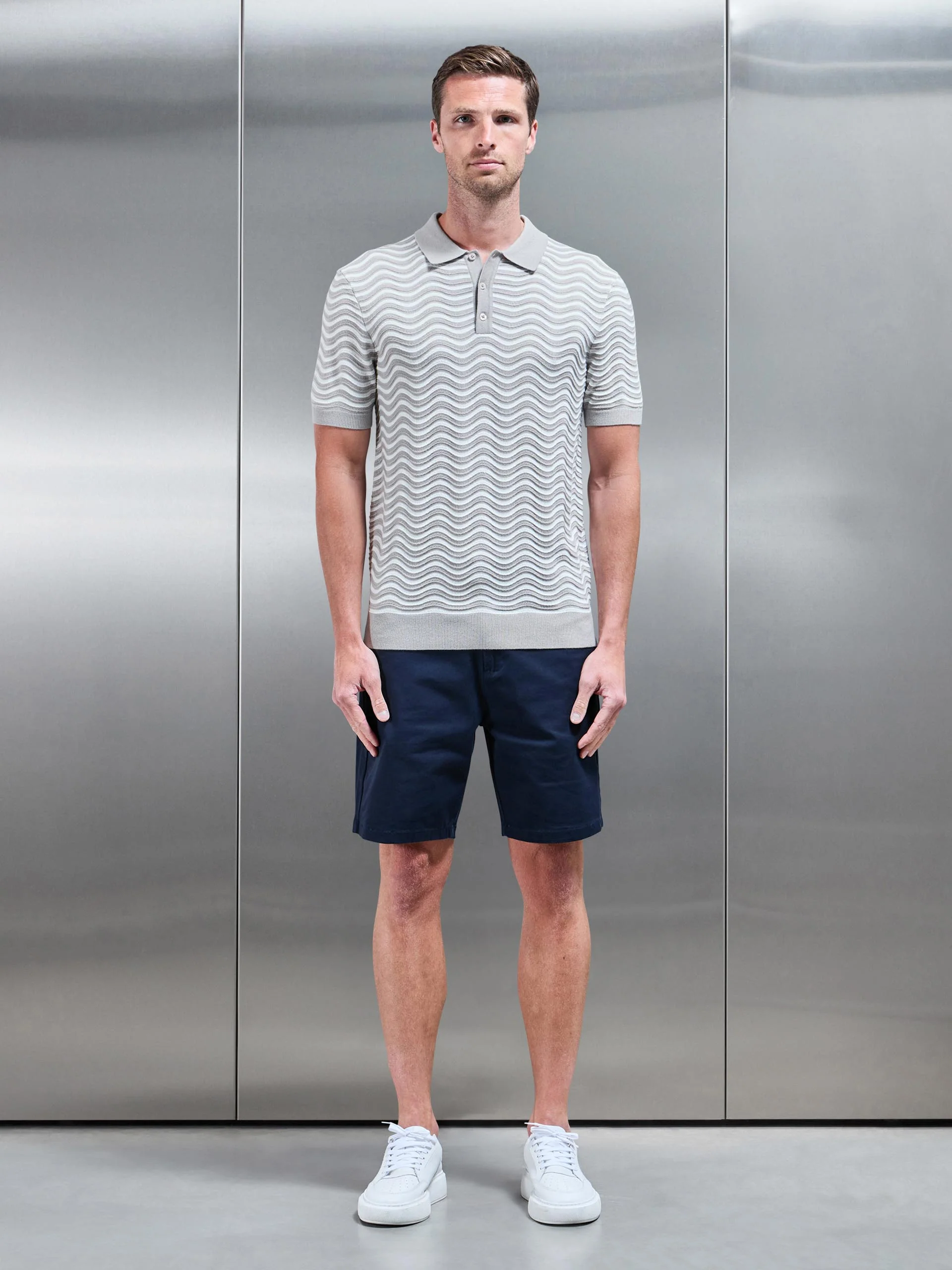 Wave Knitted Button Polo Shirt in Stone White - Image 2