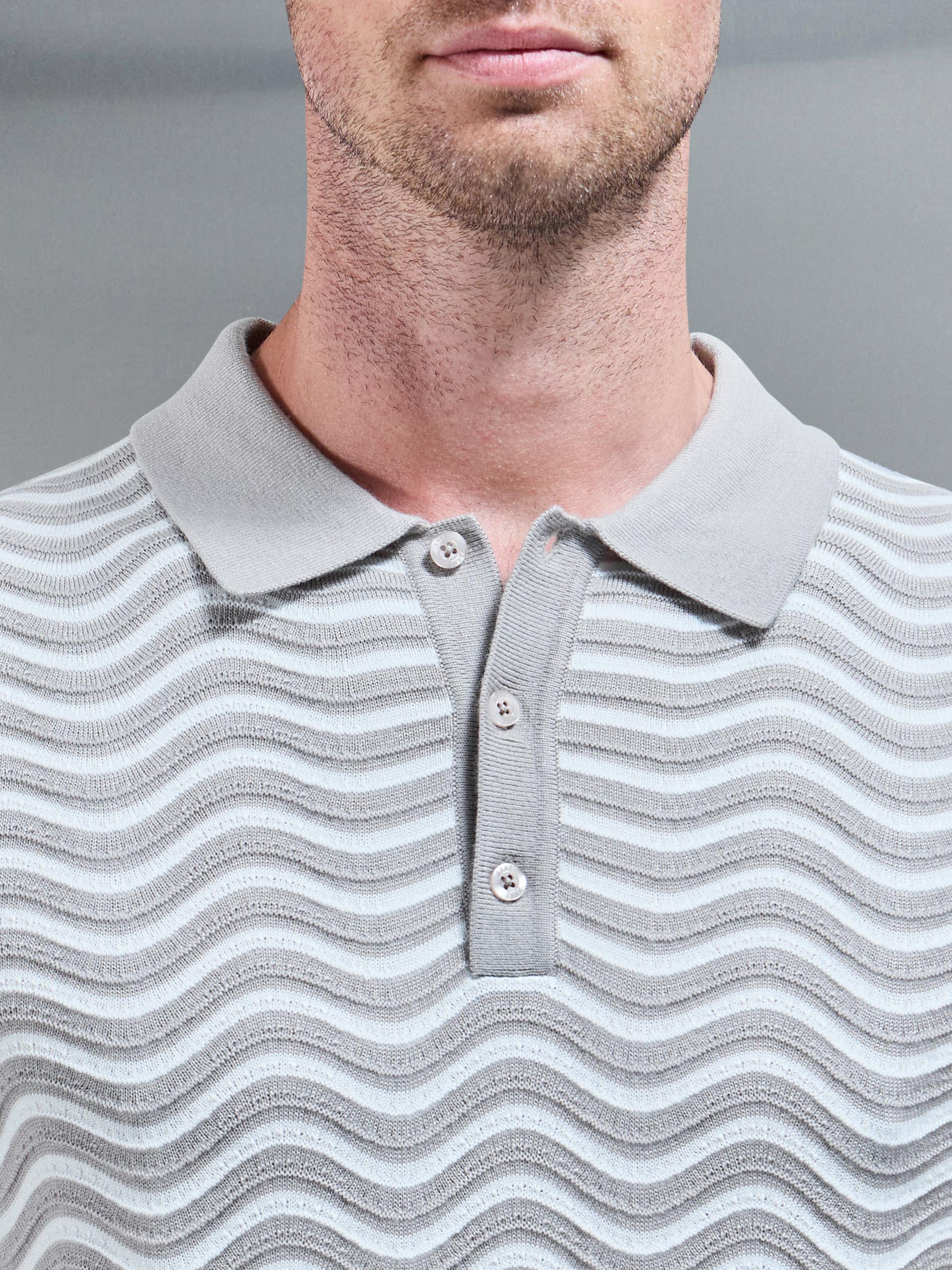 Wave Knitted Button Polo Shirt in Stone White - Image 3