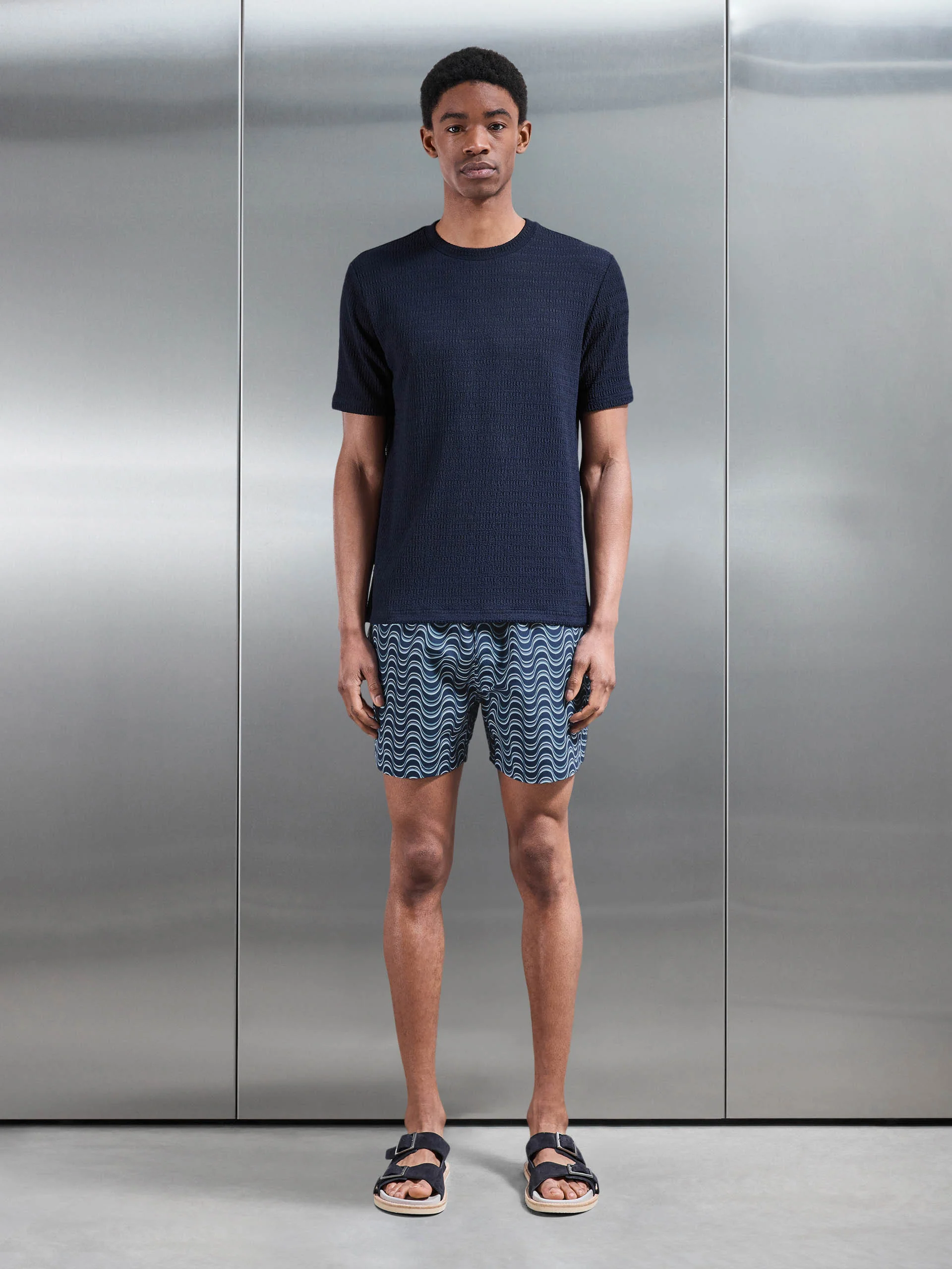 Wave Printed Drawstring Swim Short in Navy - Image 2
