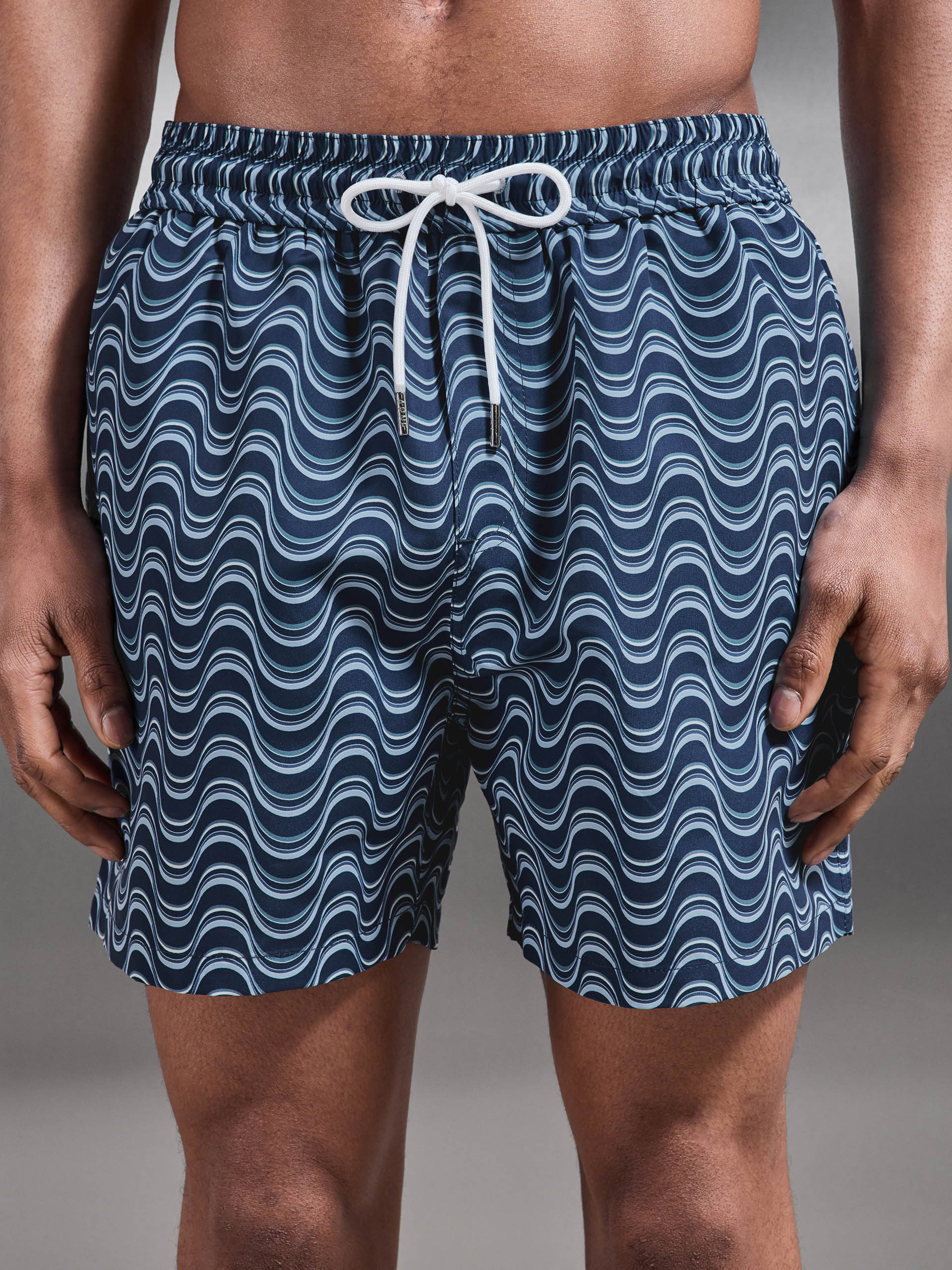 Wave Printed Drawstring Swim Short in Navy - Image 5