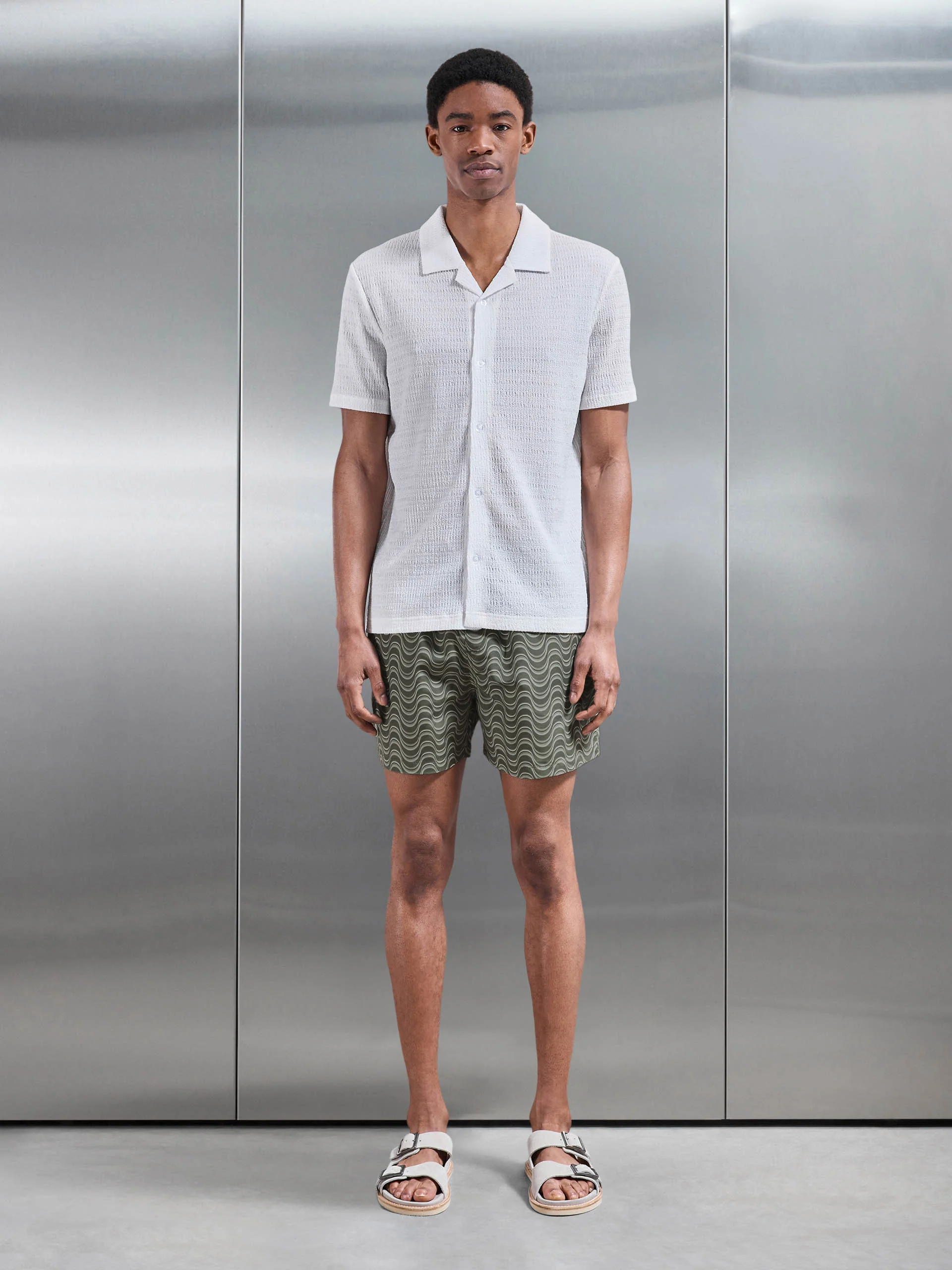 Wave Printed Drawstring Swim Short in Sage - Image 2