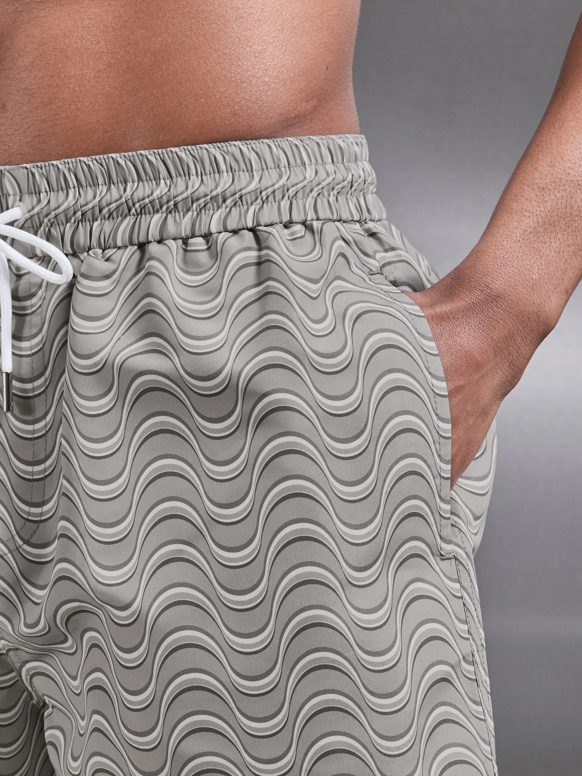 Wave Printed Drawstring Swim Short in Stone - Image 4